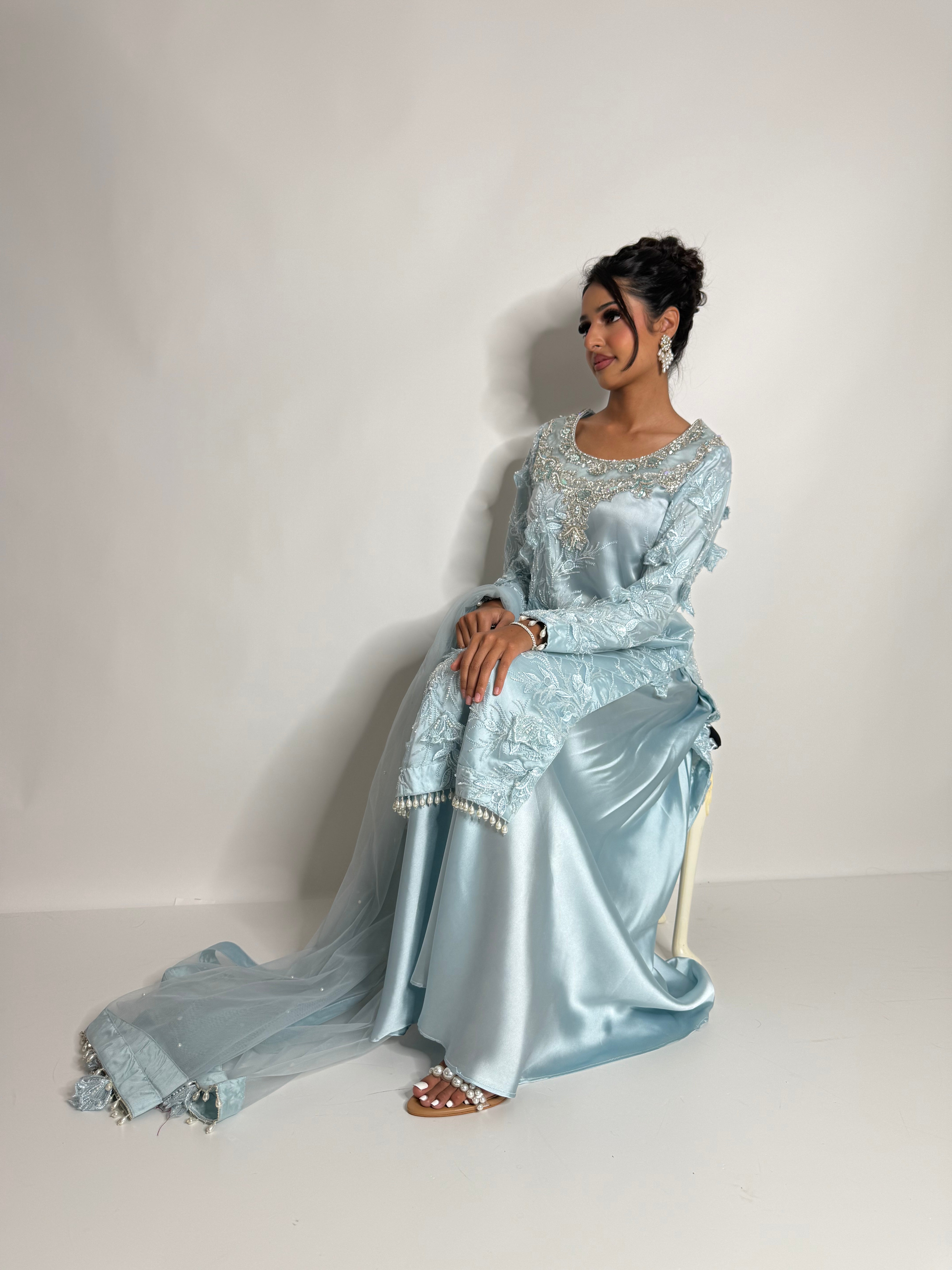 Azurielle | Luxury Pakistani Ice Blue Silk Sharara Suit UK | Wedding Guest & Eid Occasion Wear
