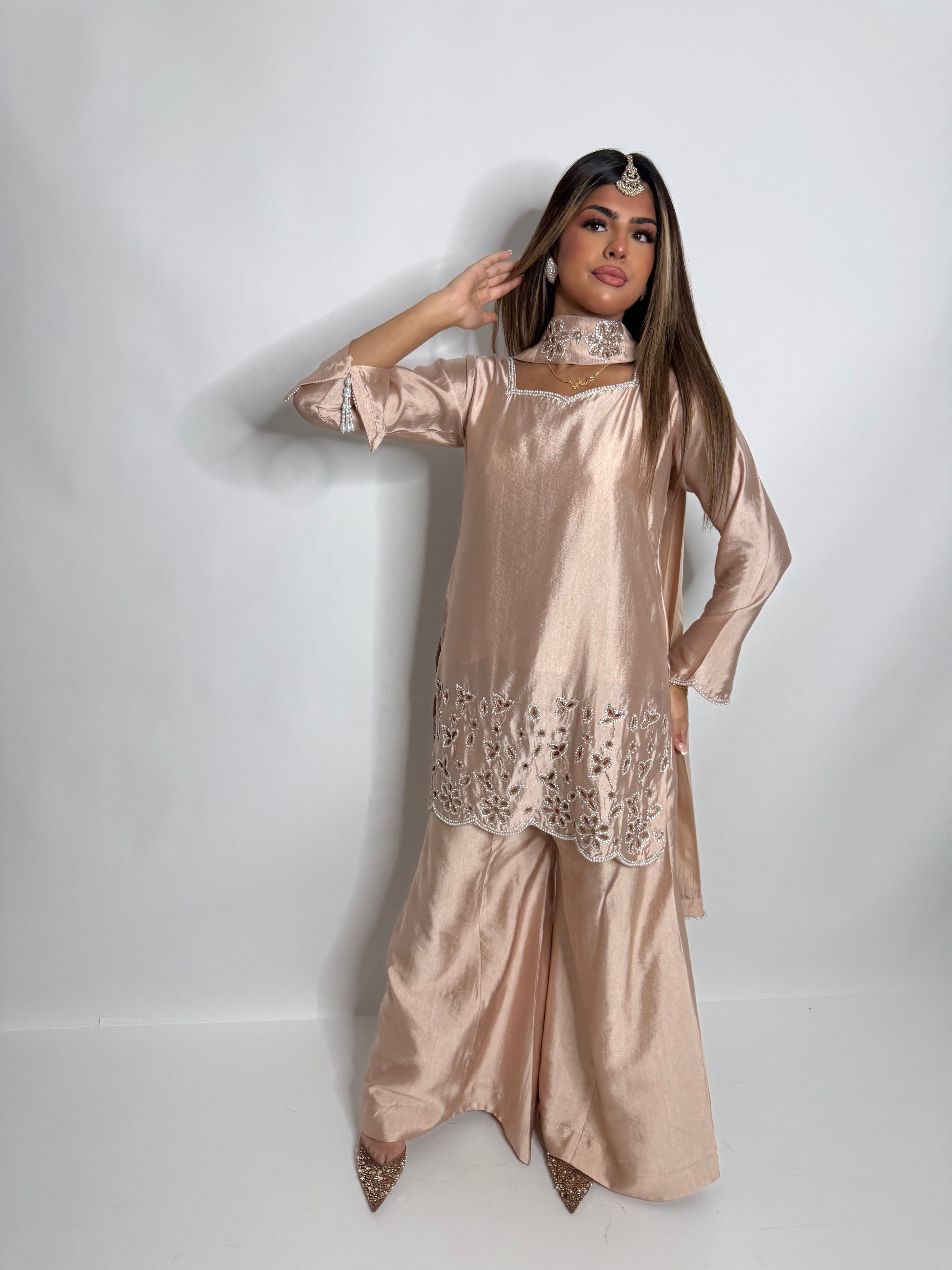 Zehra-Noor | Luxury Pakistani Blush Silk Sharara Suit UK | Y2K Wedding Guest & Eid Occasion Wear