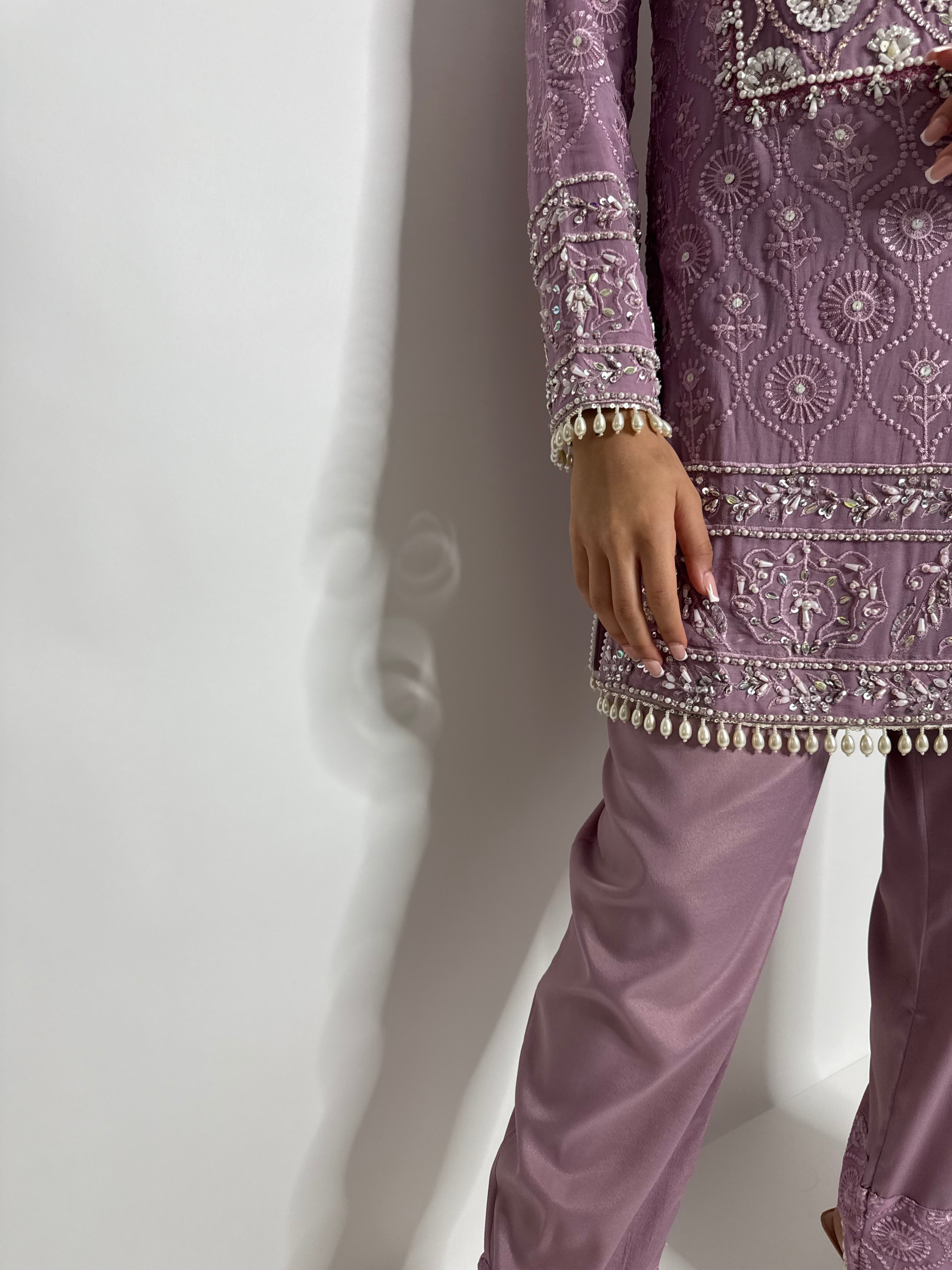 AYZEL | LUXURY PAKISTANI DUSTY MAUVE HAND EMBROIDERED 3 PIECE SUIT UK | WEDDING GUEST, EID & PARTY WEAR
