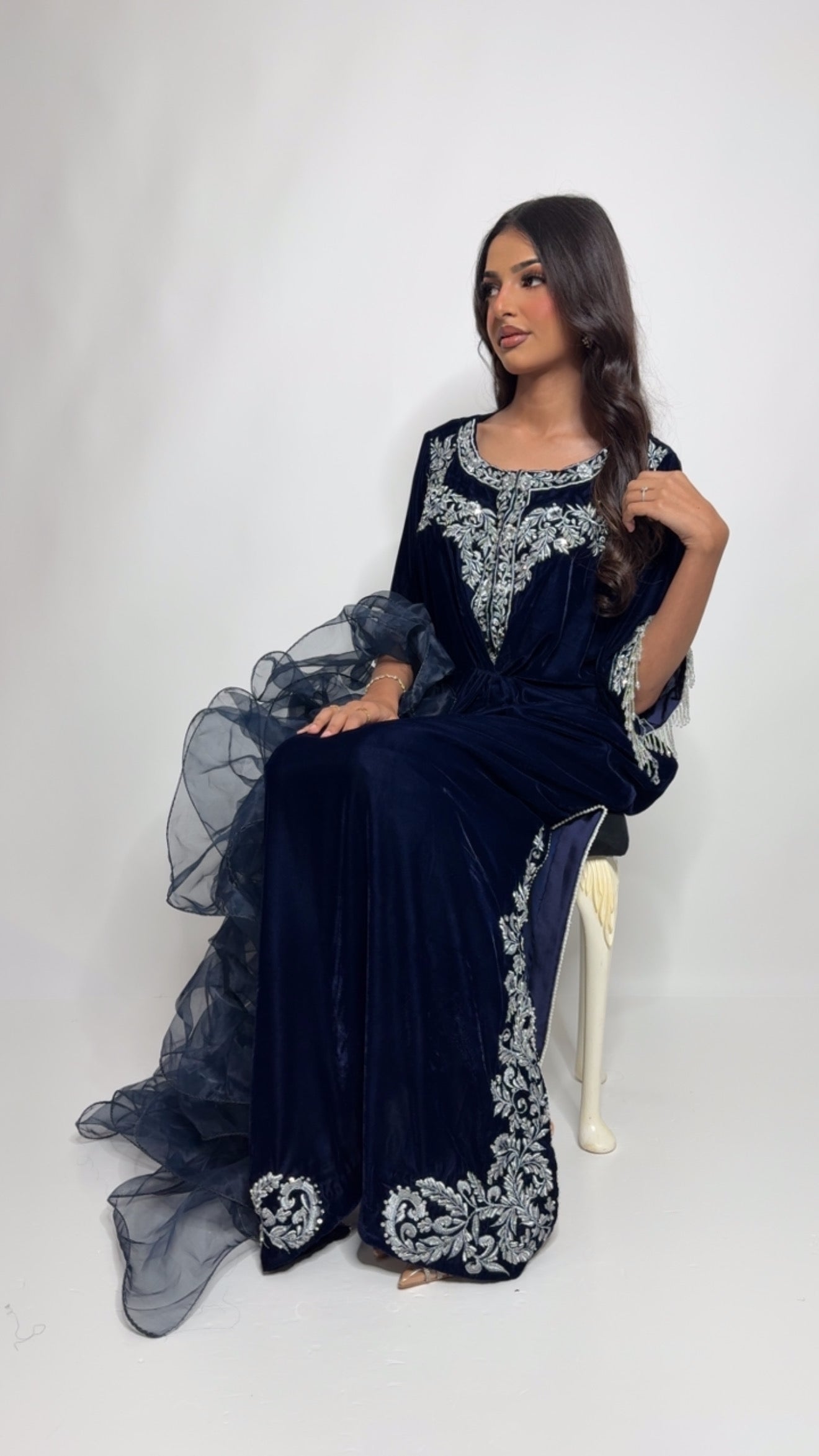 Navy Micro Velvet Kaftan Three-Piece Suit UK | THE AZURÉLLE