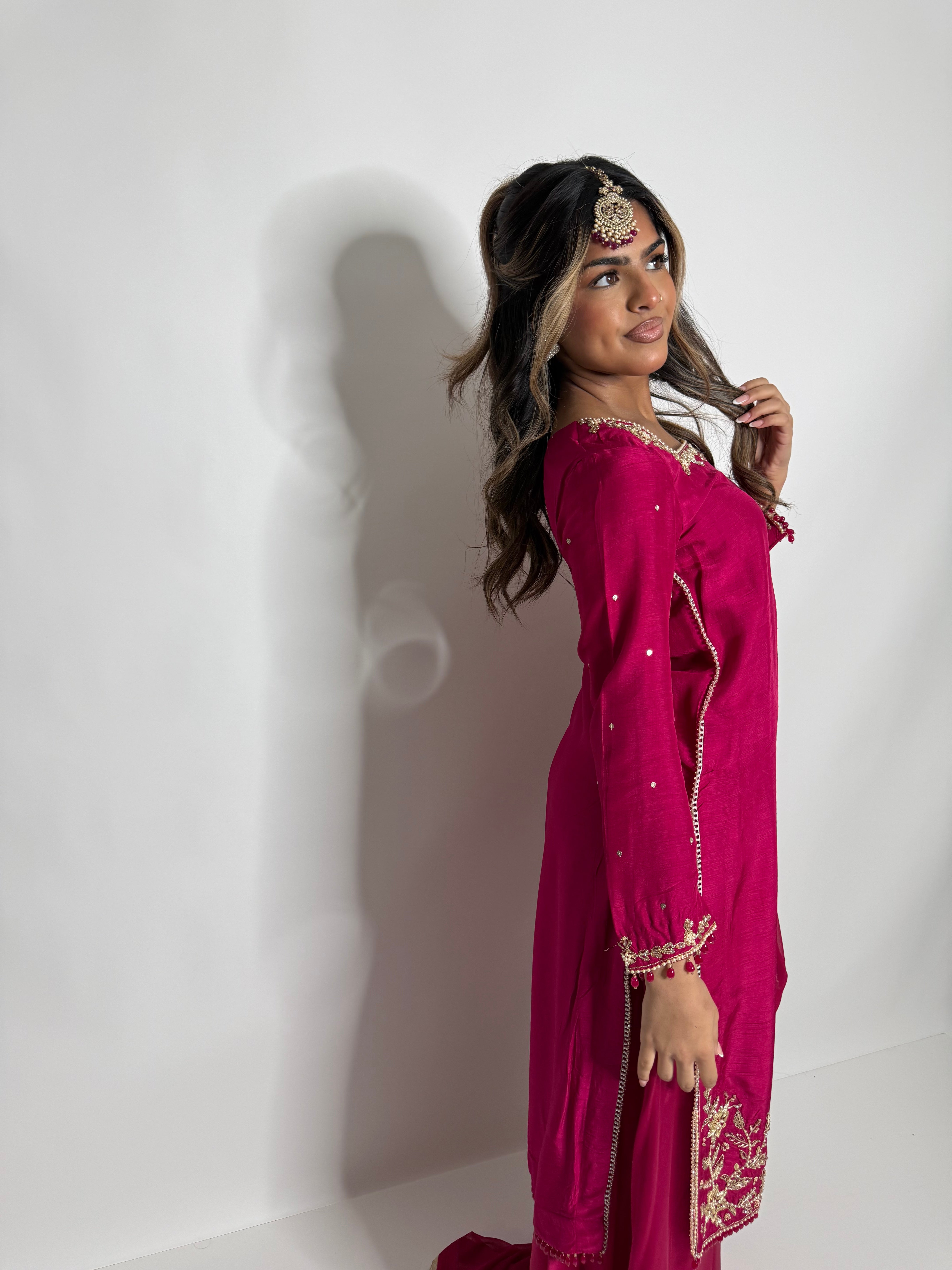 HOT PINK RAW SILK SHARARA SUIT UK | THE ZEPHYRA ROSE