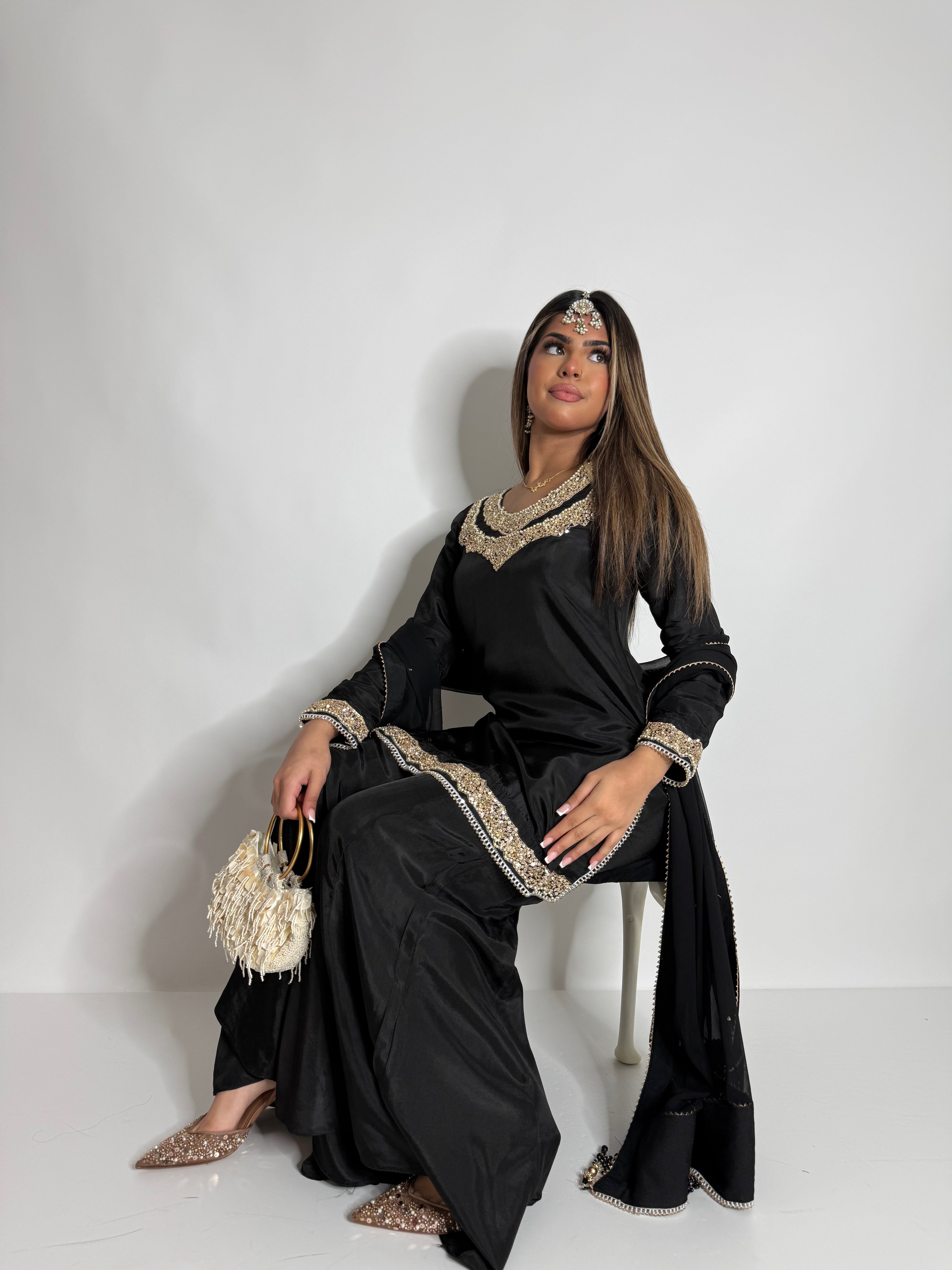 BLACK SILK SHARARA SUIT UK | THE KAIA NOIRE