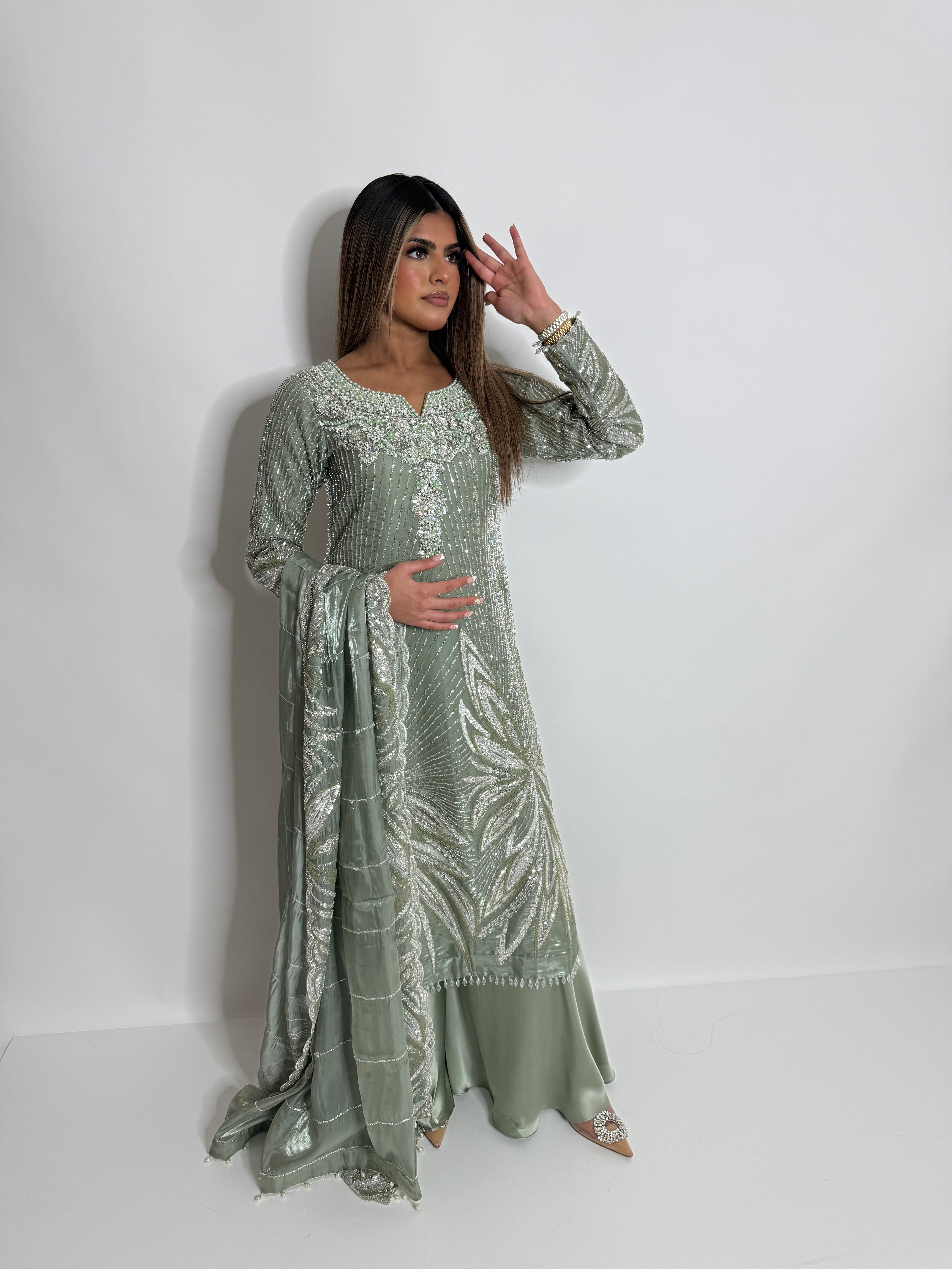Sage Green Cutdana Silk Sharara Suit UK | The Maelis