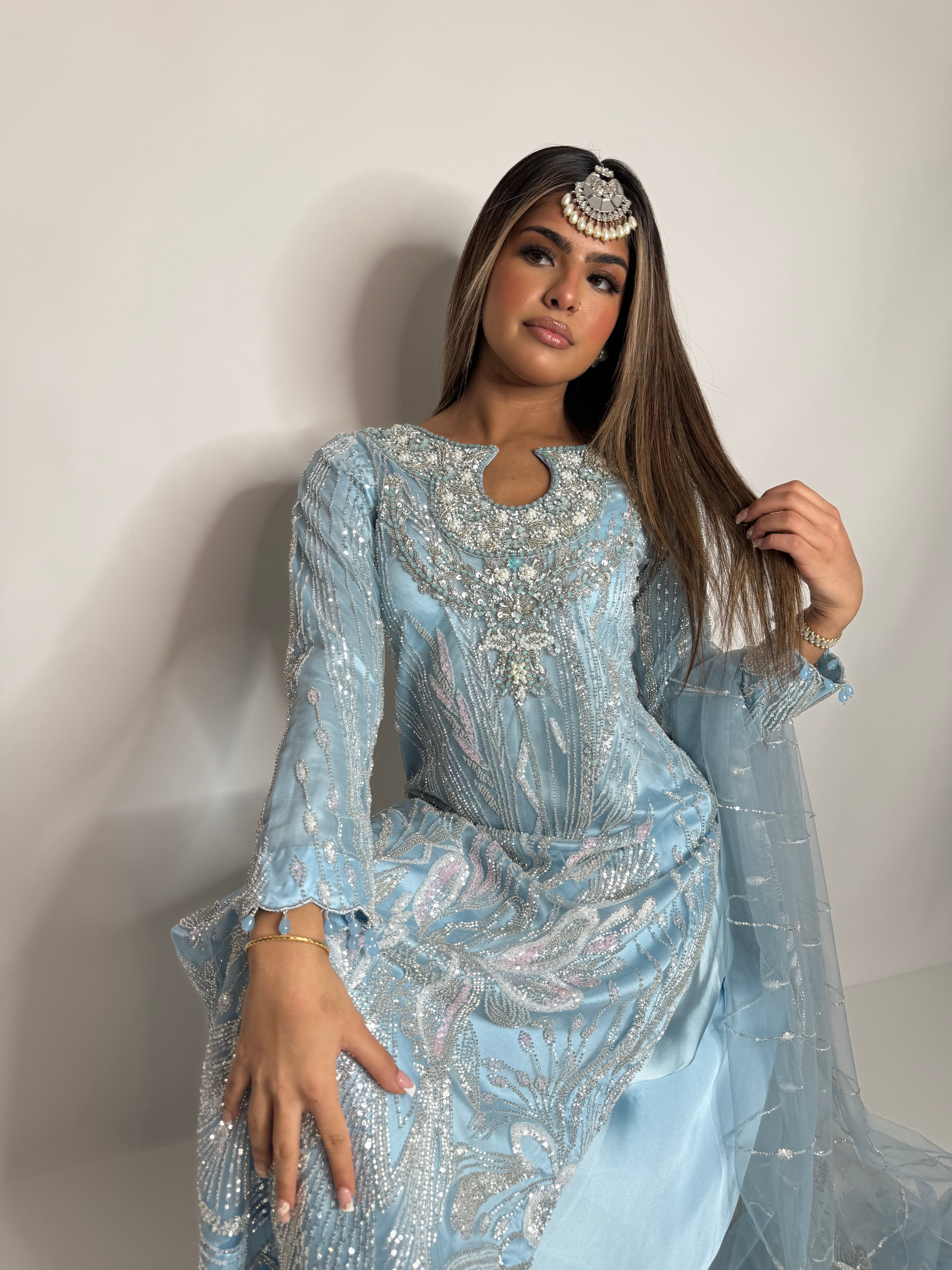 Ice Blue Cutdana Sharara Three Piece Suit UK | The Orlienne