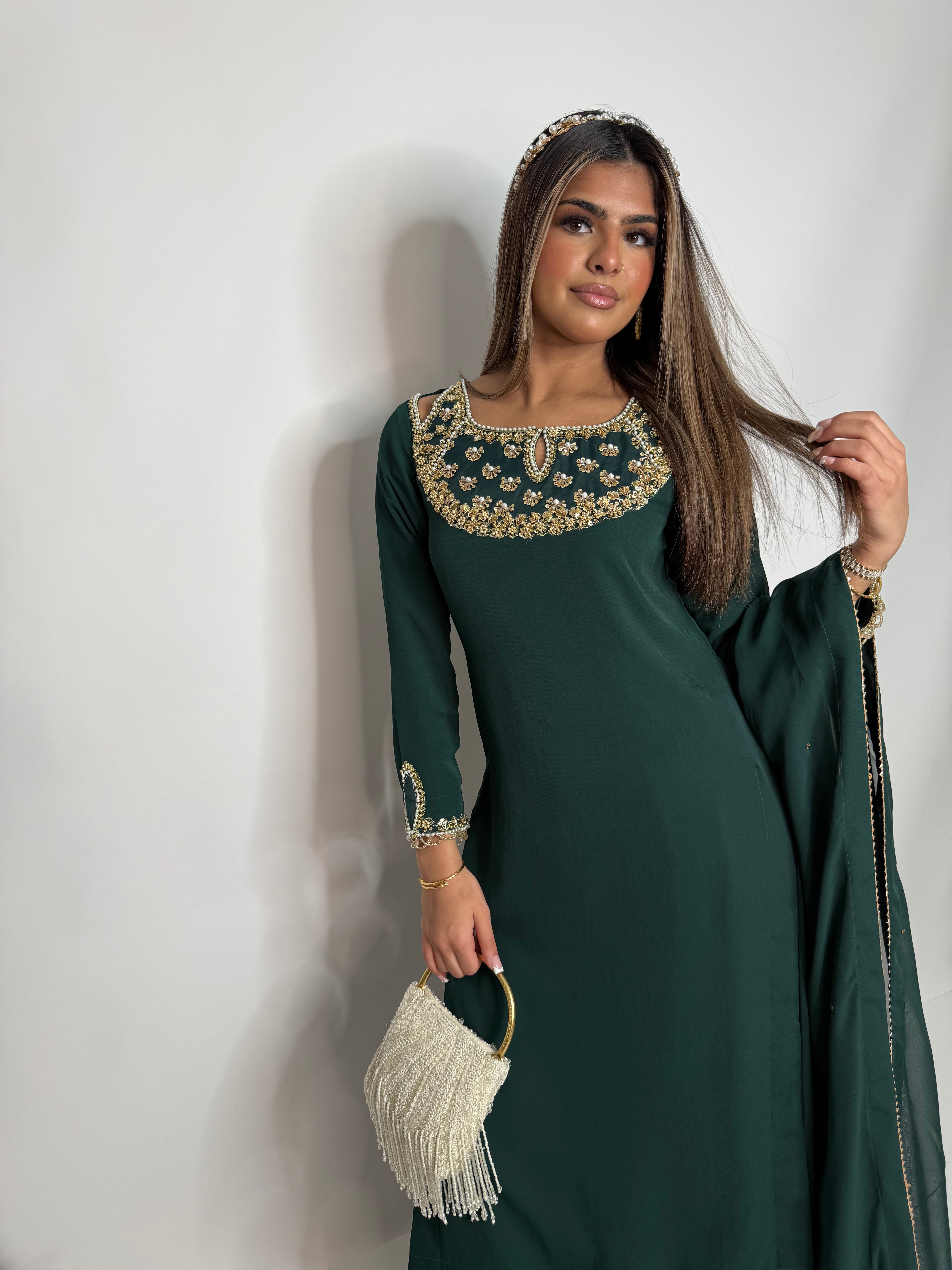Emerald Chiffon Sharara Three Piece Suit UK | The Kaelisse