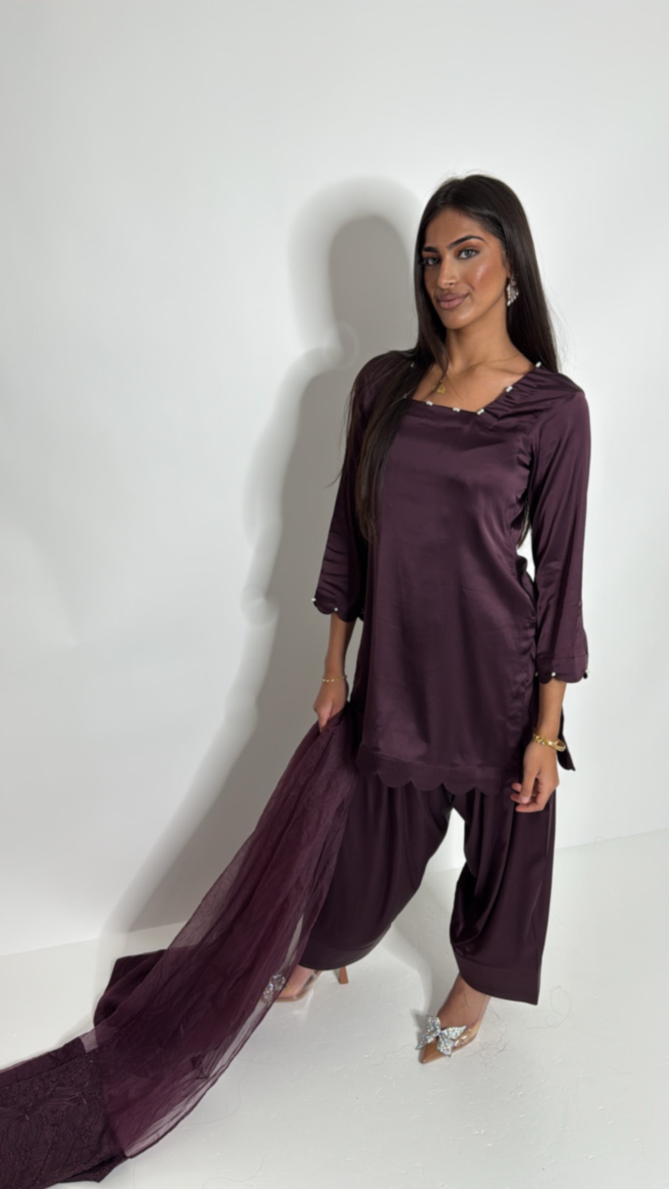Veloura Plum | Silk Farshi Kameez Set (3 Piece)
