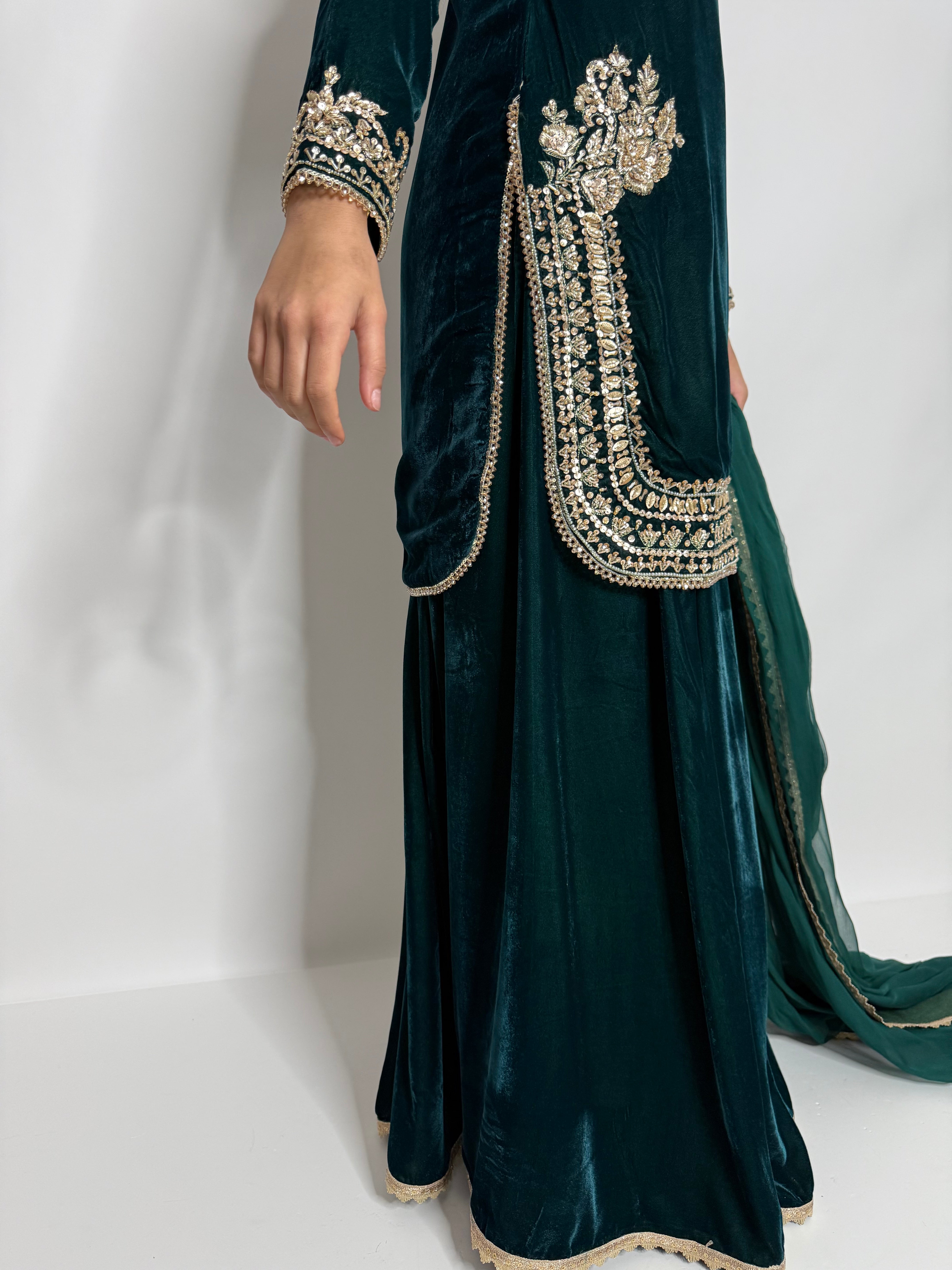 EMERALD MICRO VELVET SHARARA THREE PIECE SUIT UK | THE VARELLA