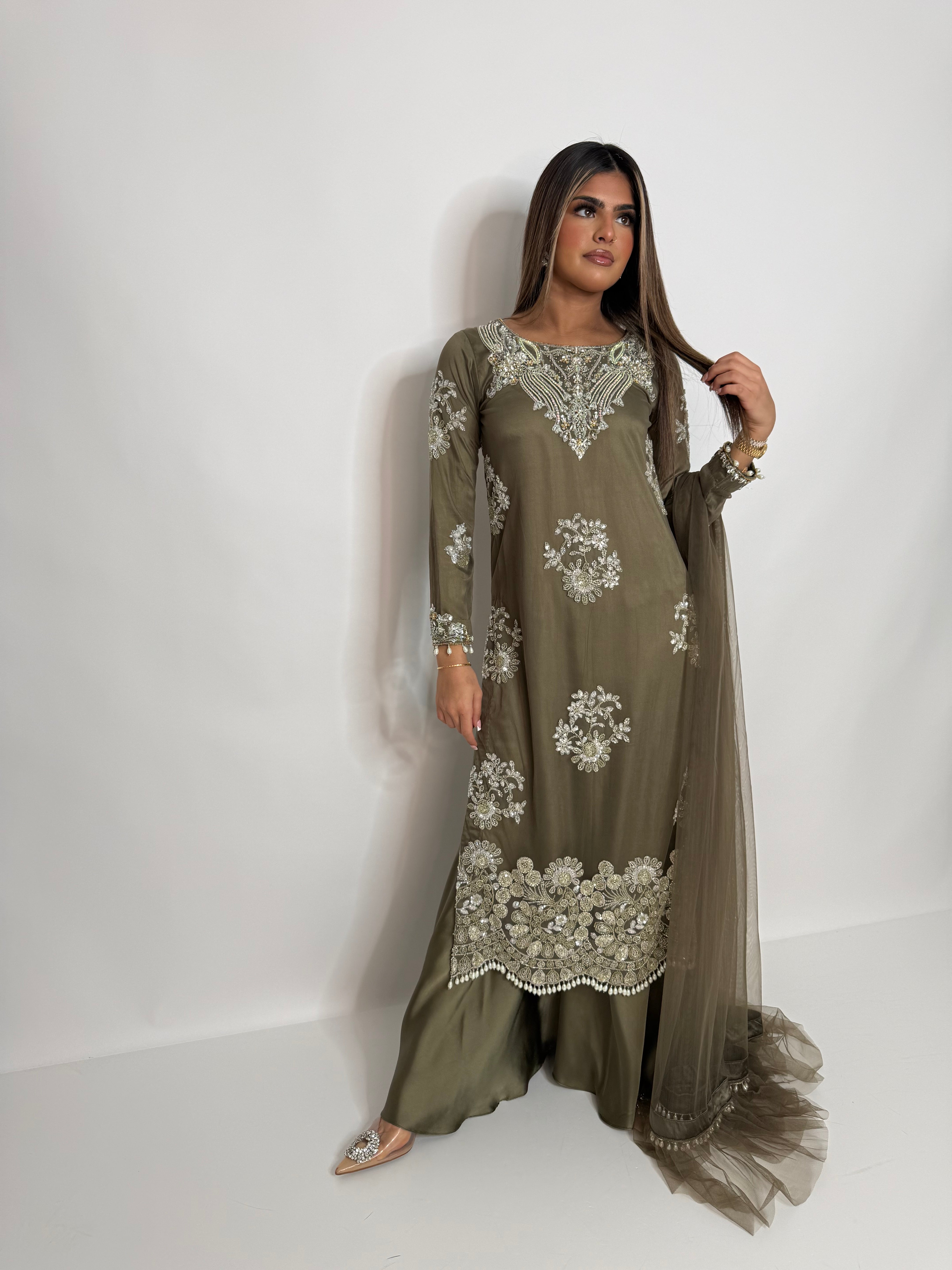 Olive Luxe Embroidered Sharara Suit UK | The Arlisse