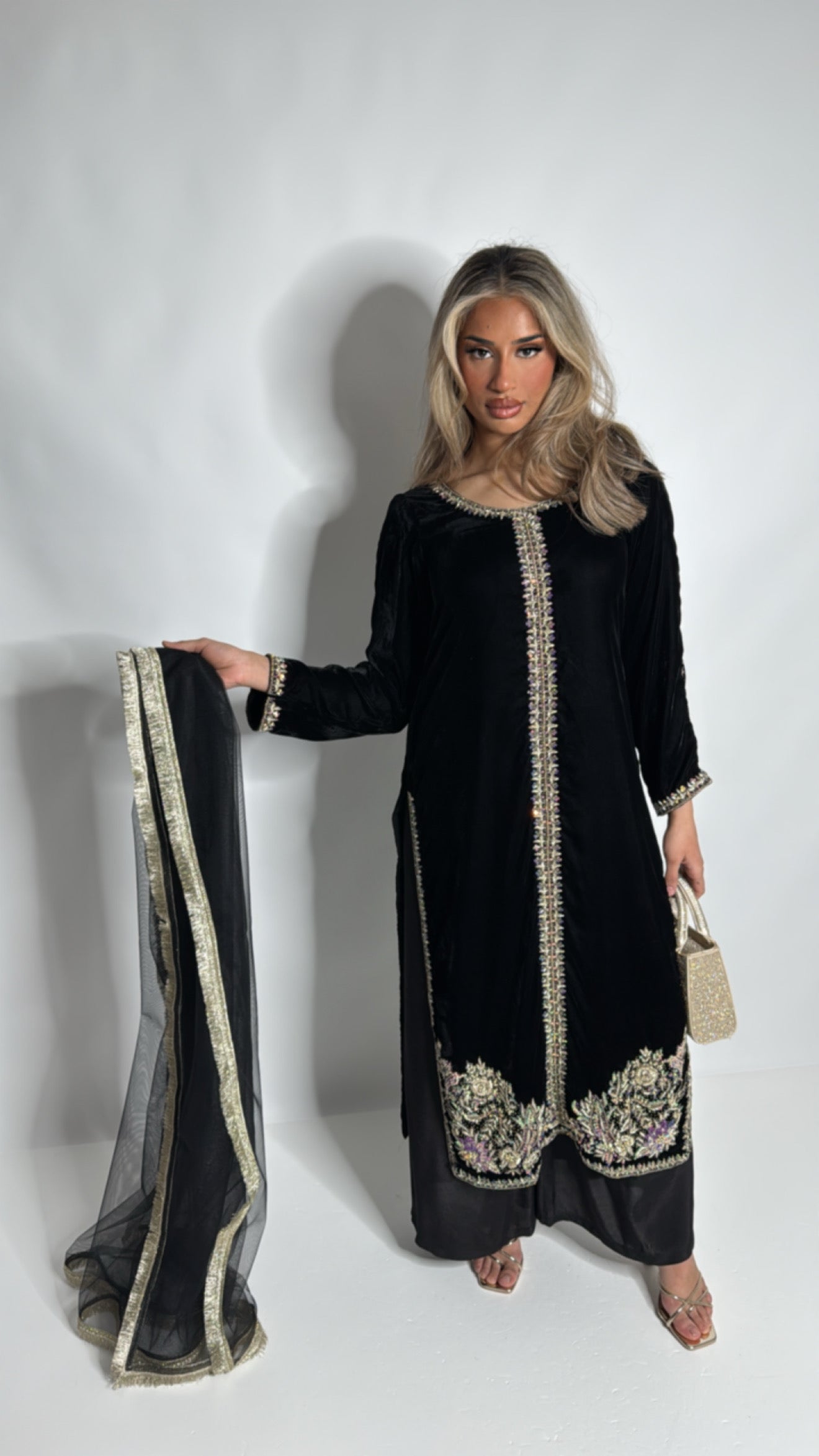 Black Velvet Embroidered Three Piece Suit UK | Midnight Zareen