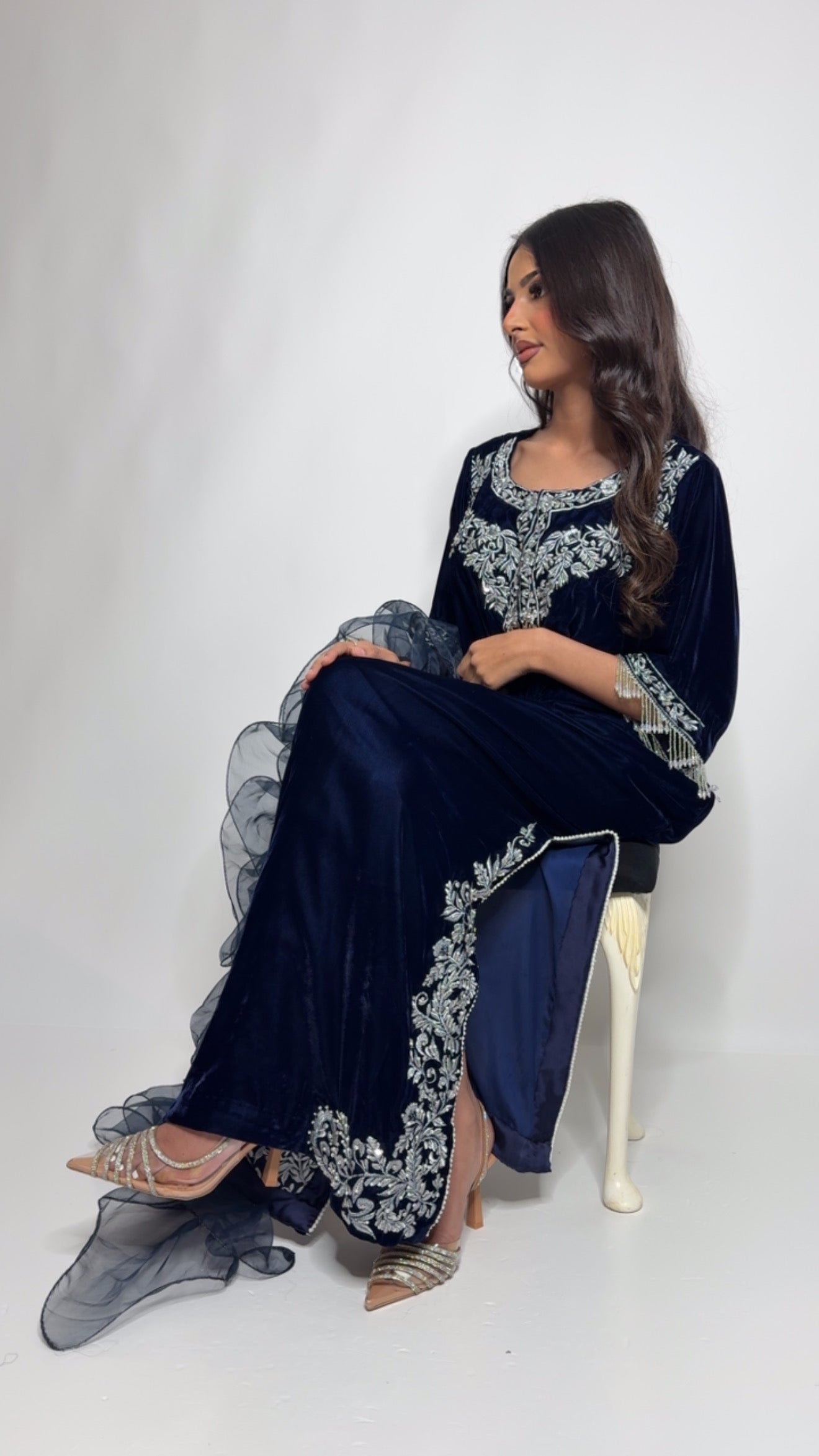 Navy Micro Velvet Kaftan Three-Piece Suit UK | THE AZURÉLLE