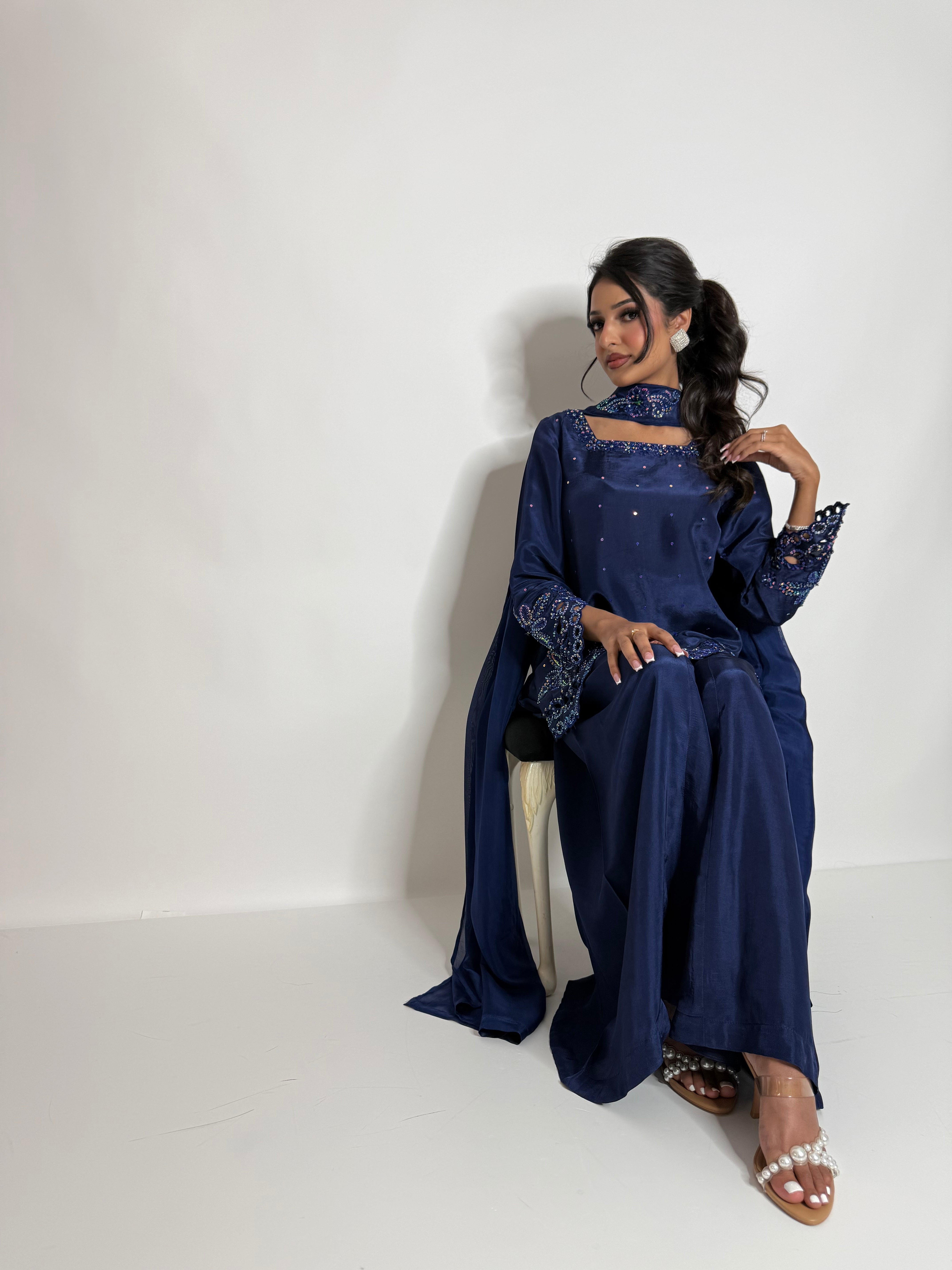 ZARMINA | Luxury Pakistani Navy Silk Sharara Suit UK | Wedding Guest, Eid & Formal Occasion Wear