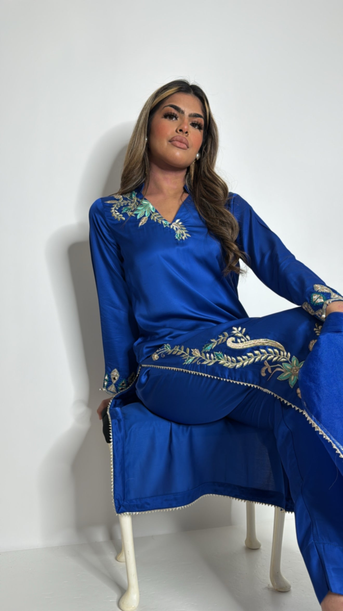 Zaréva Sapphire | Silk Hand Embroidered Kameez Set (3 Piece)