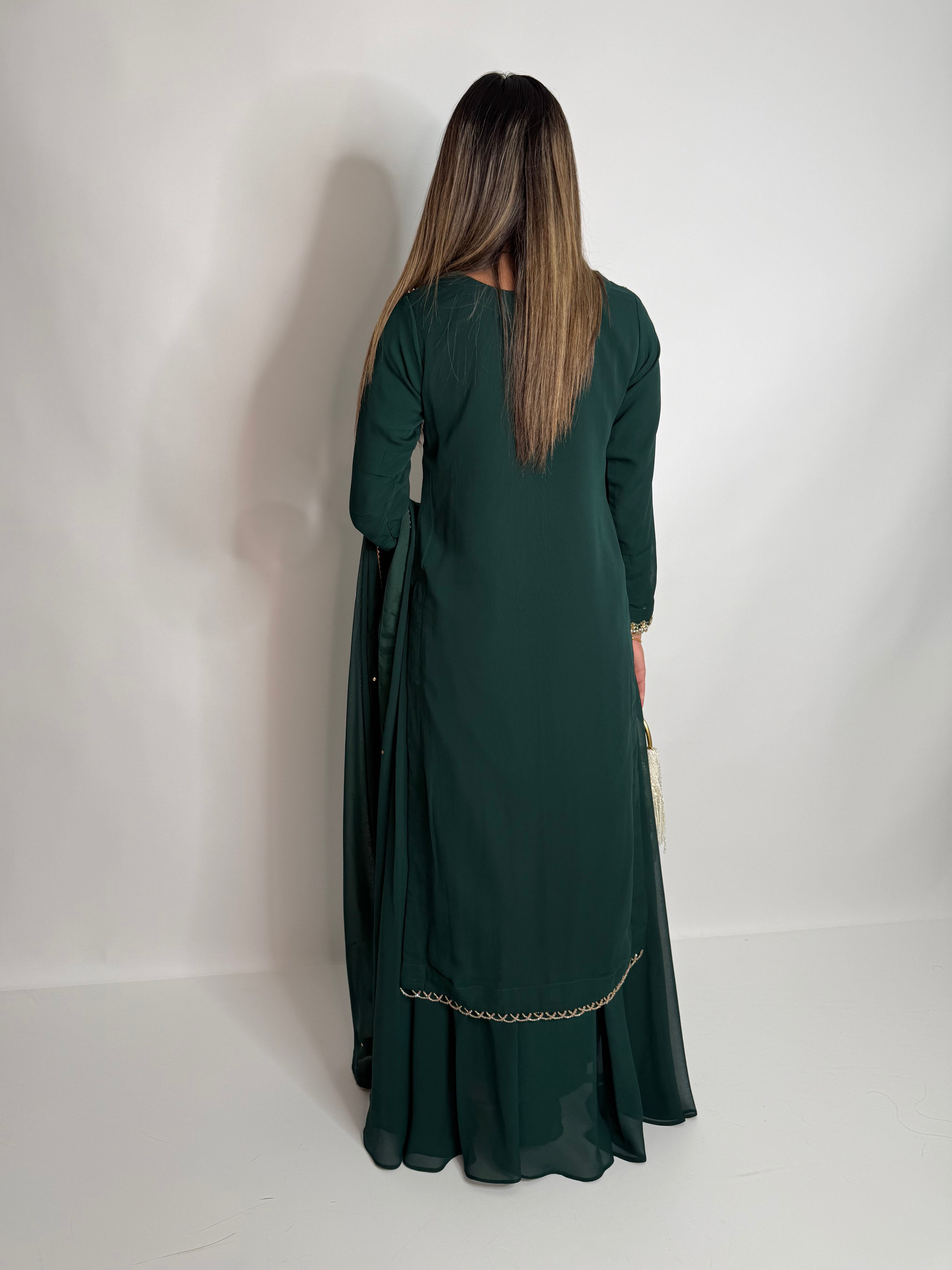 Emerald Chiffon Sharara Three Piece Suit UK | The Kaelisse