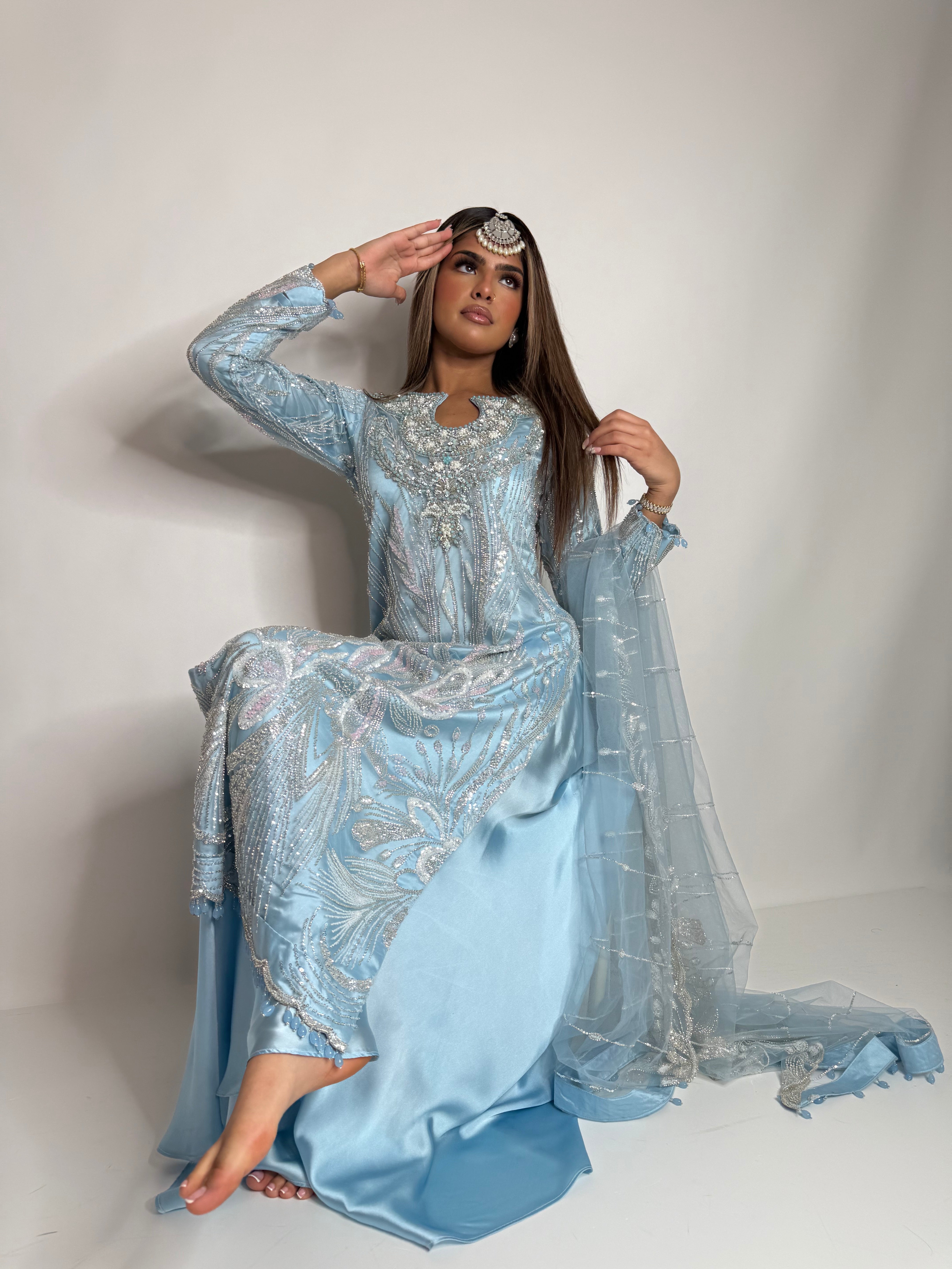 Ice Blue Cutdana Sharara Three Piece Suit UK | The Orlienne