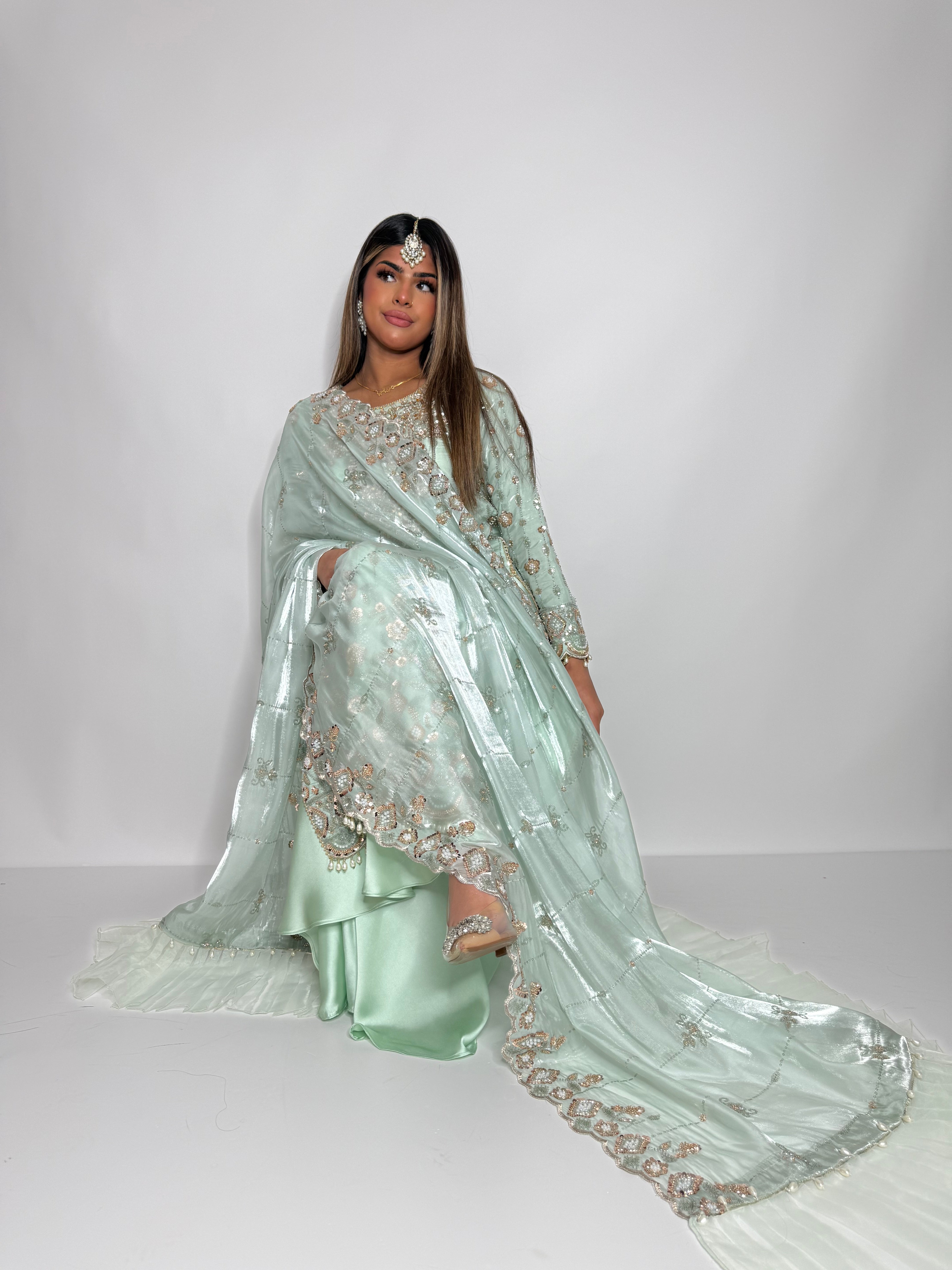 Parizay | Luxury Pakistani Mint Hand Embroidered Silk Sharara Suit UK | Eid, Wedding Guest & Party Wear