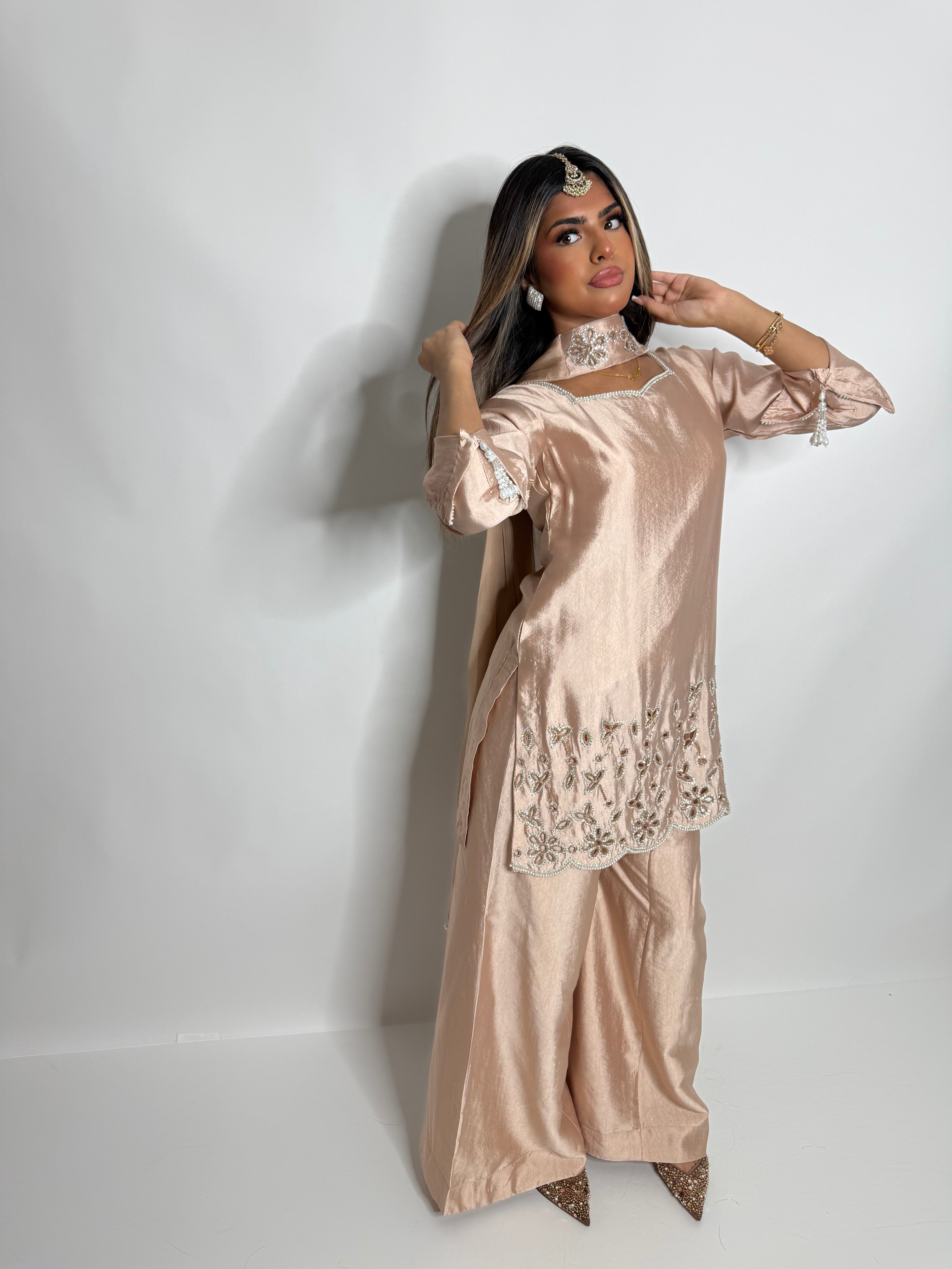 Zehra-Noor | Luxury Pakistani Blush Silk Sharara Suit UK | Y2K Wedding Guest & Eid Occasion Wear