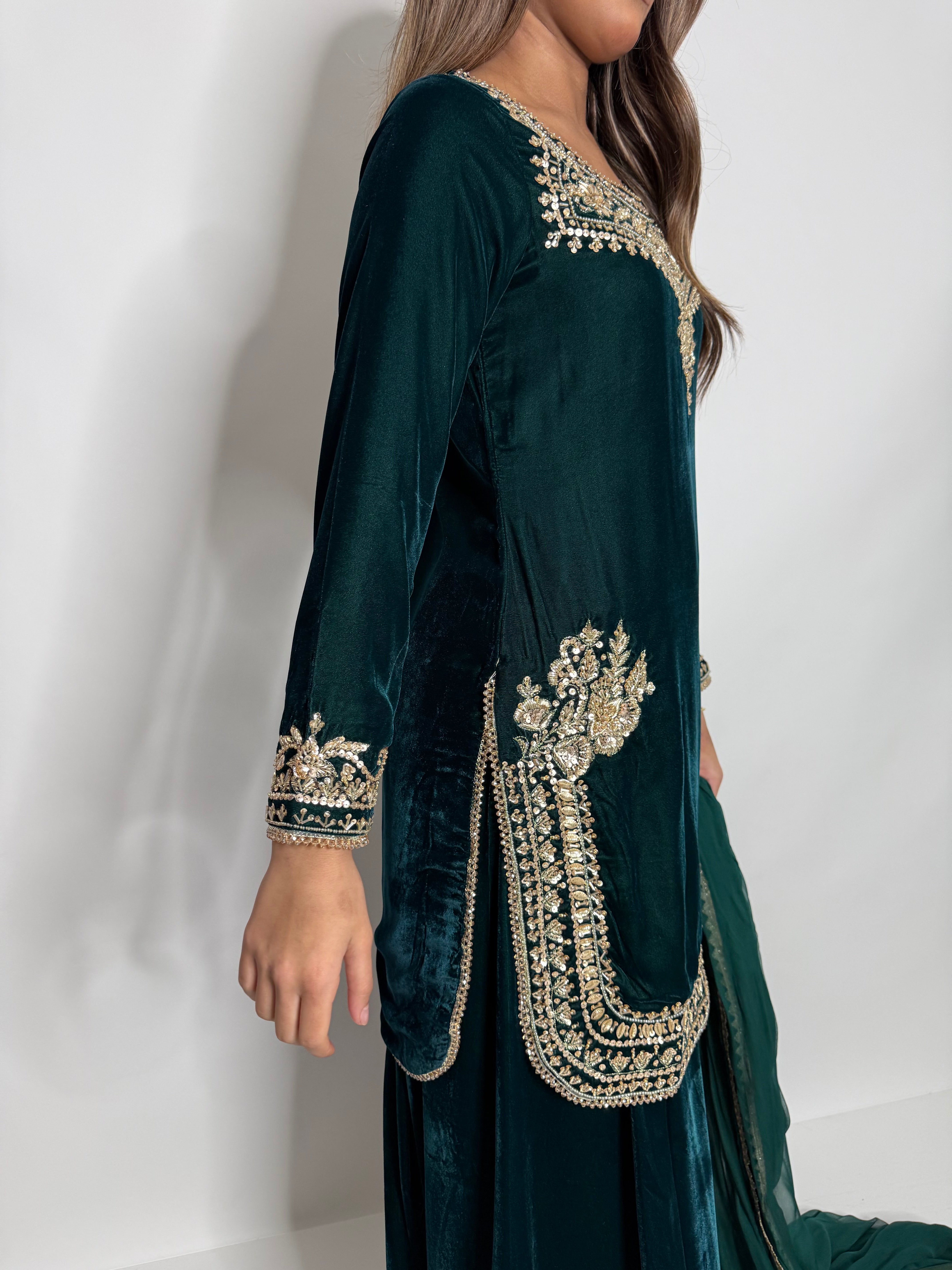 EMERALD MICRO VELVET SHARARA THREE PIECE SUIT UK | THE VARELLA
