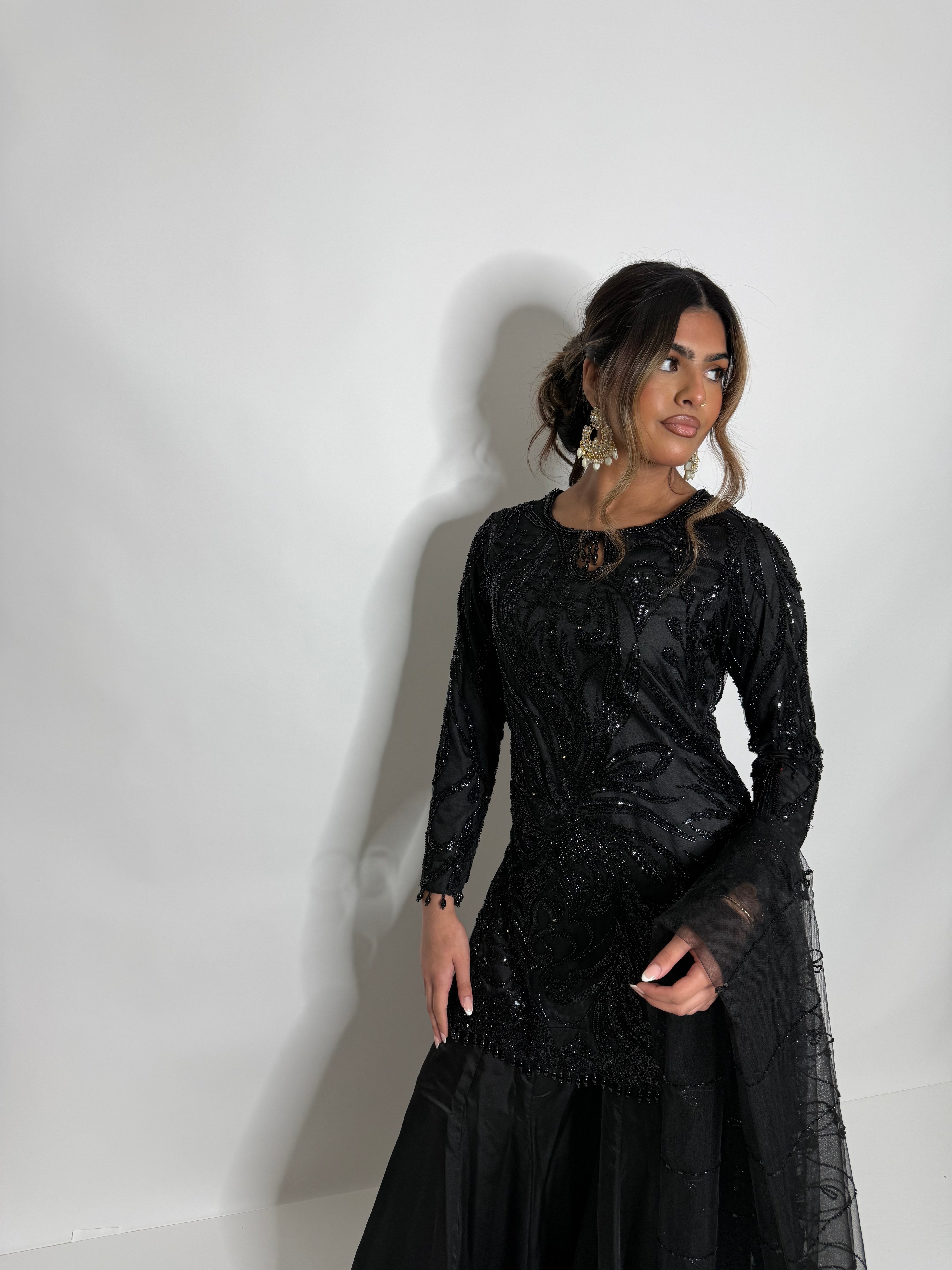 BLACK CUTDANA SHORT SHIRT SHARARA SUIT UK | THE ZAYELA NYX