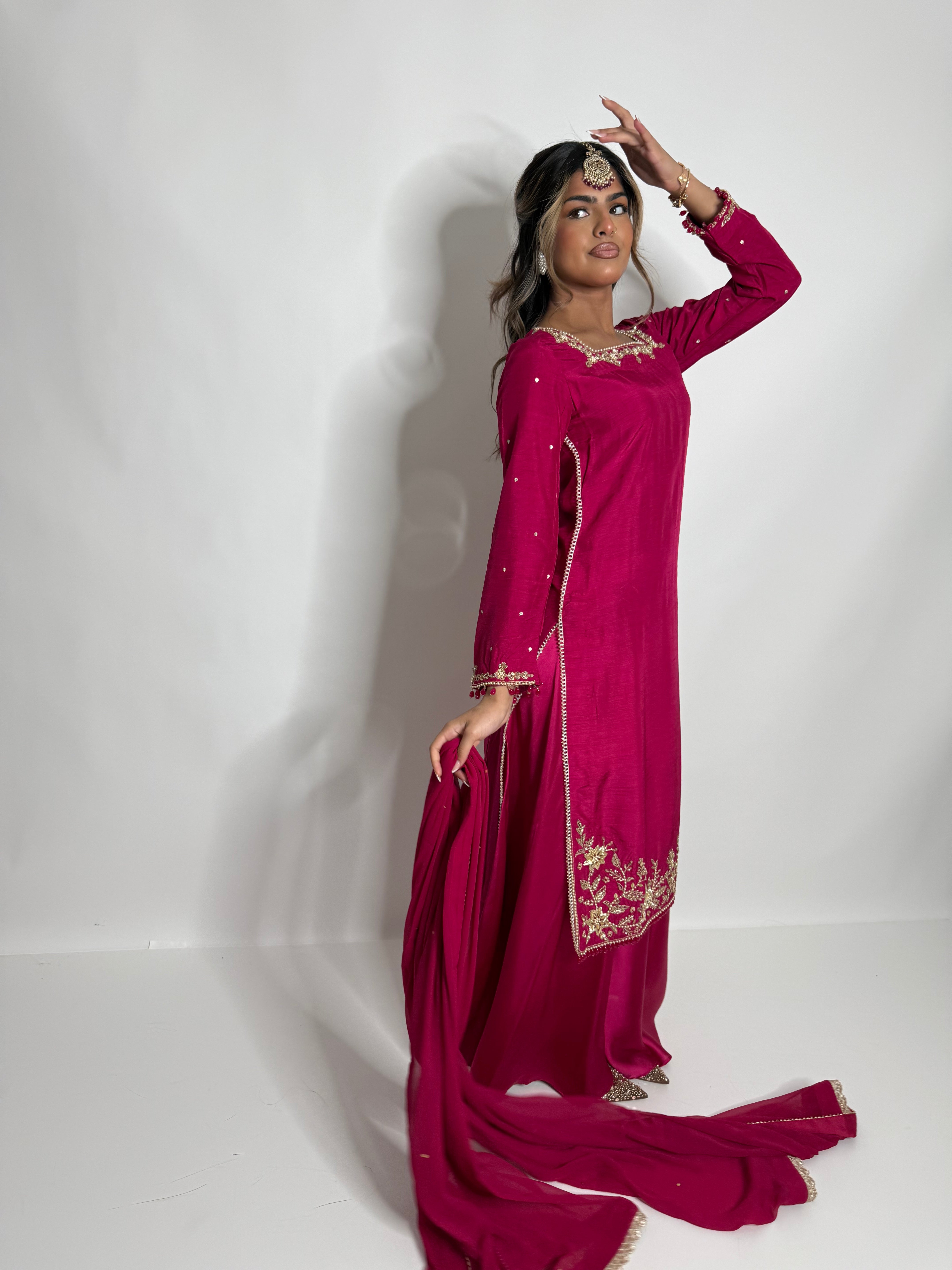 HOT PINK RAW SILK SHARARA SUIT UK | THE ZEPHYRA ROSE