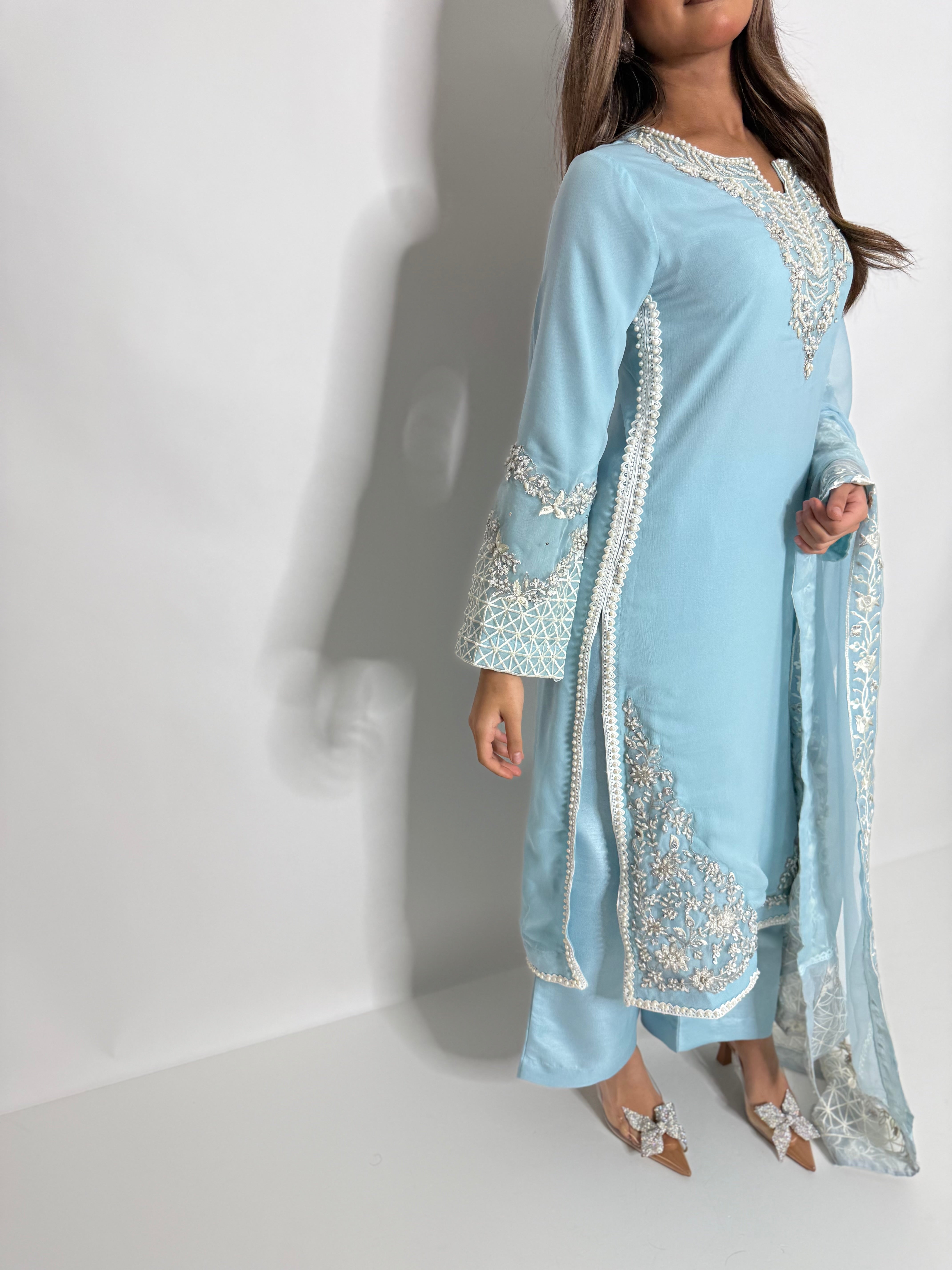 CELESTIAL BLUE CHIFFON THREE PIECE SUIT UK | THE ALARISSE