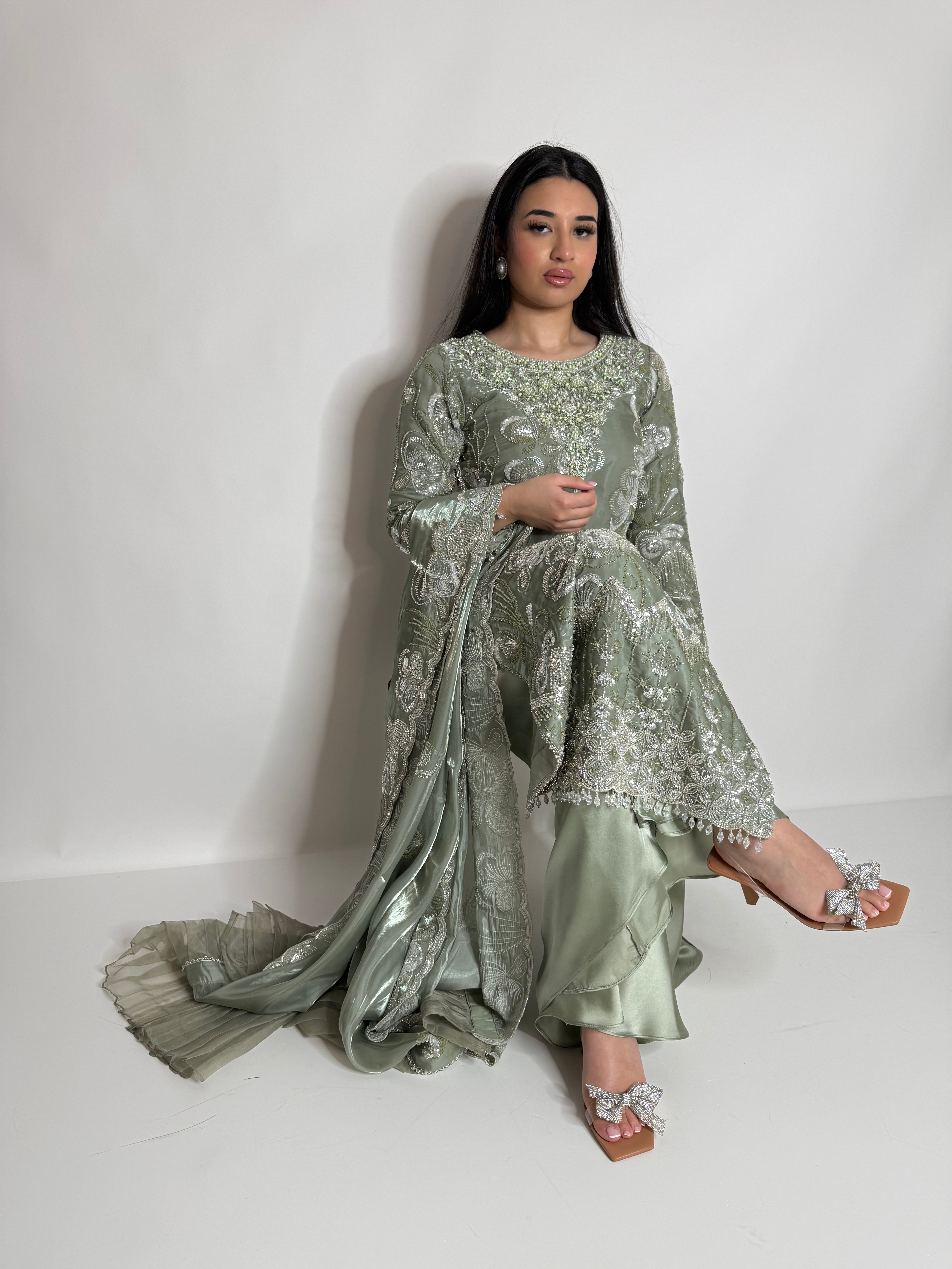SAGE GREEN SILK CUTDANA THREE PIECE SUIT UK | THE LYSENNE