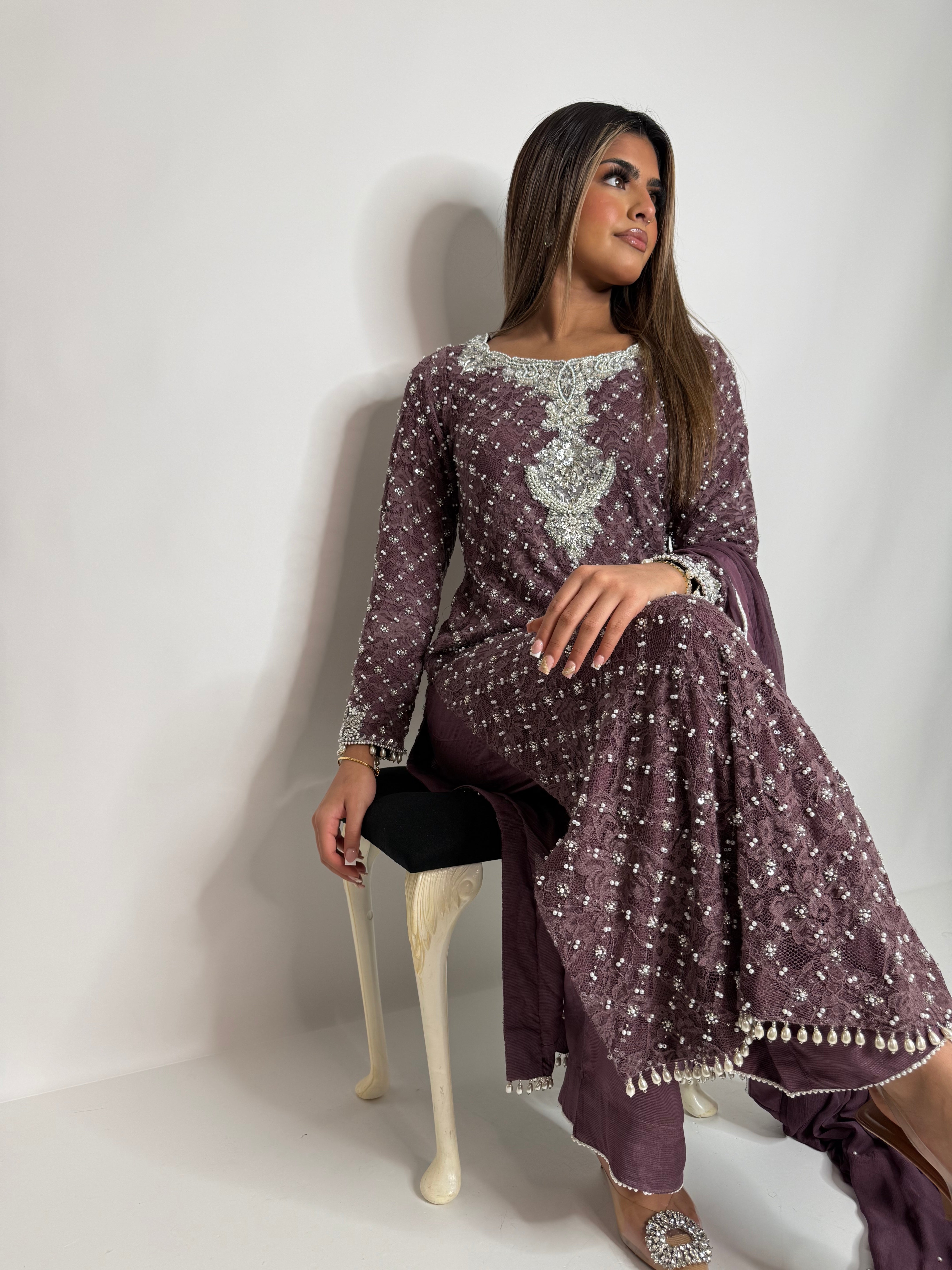 Lilac Pearl Crochet Three Piece Suit UK | The Mireya