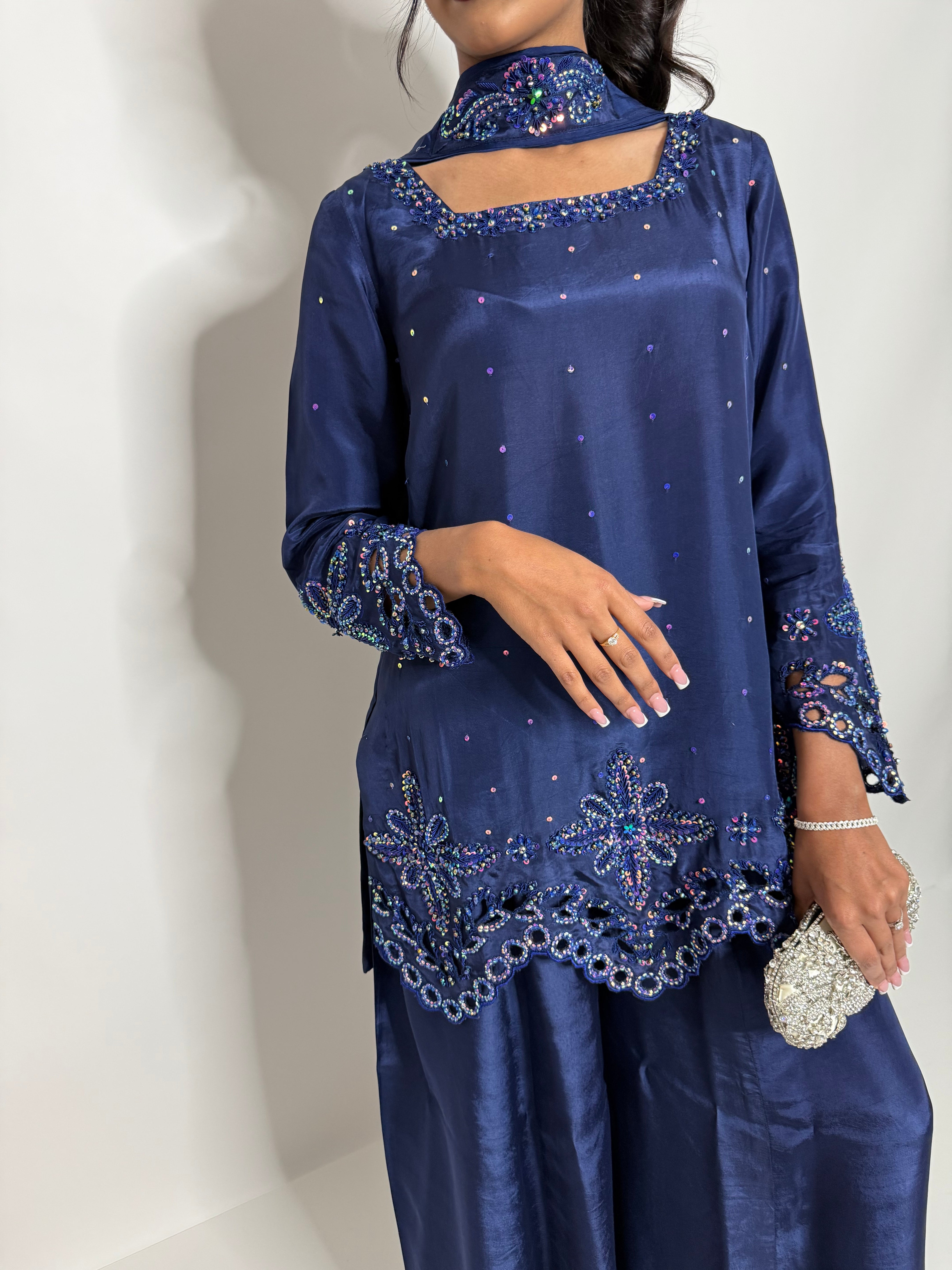 ZARMINA | Luxury Pakistani Navy Silk Sharara Suit UK | Wedding Guest, Eid & Formal Occasion Wear