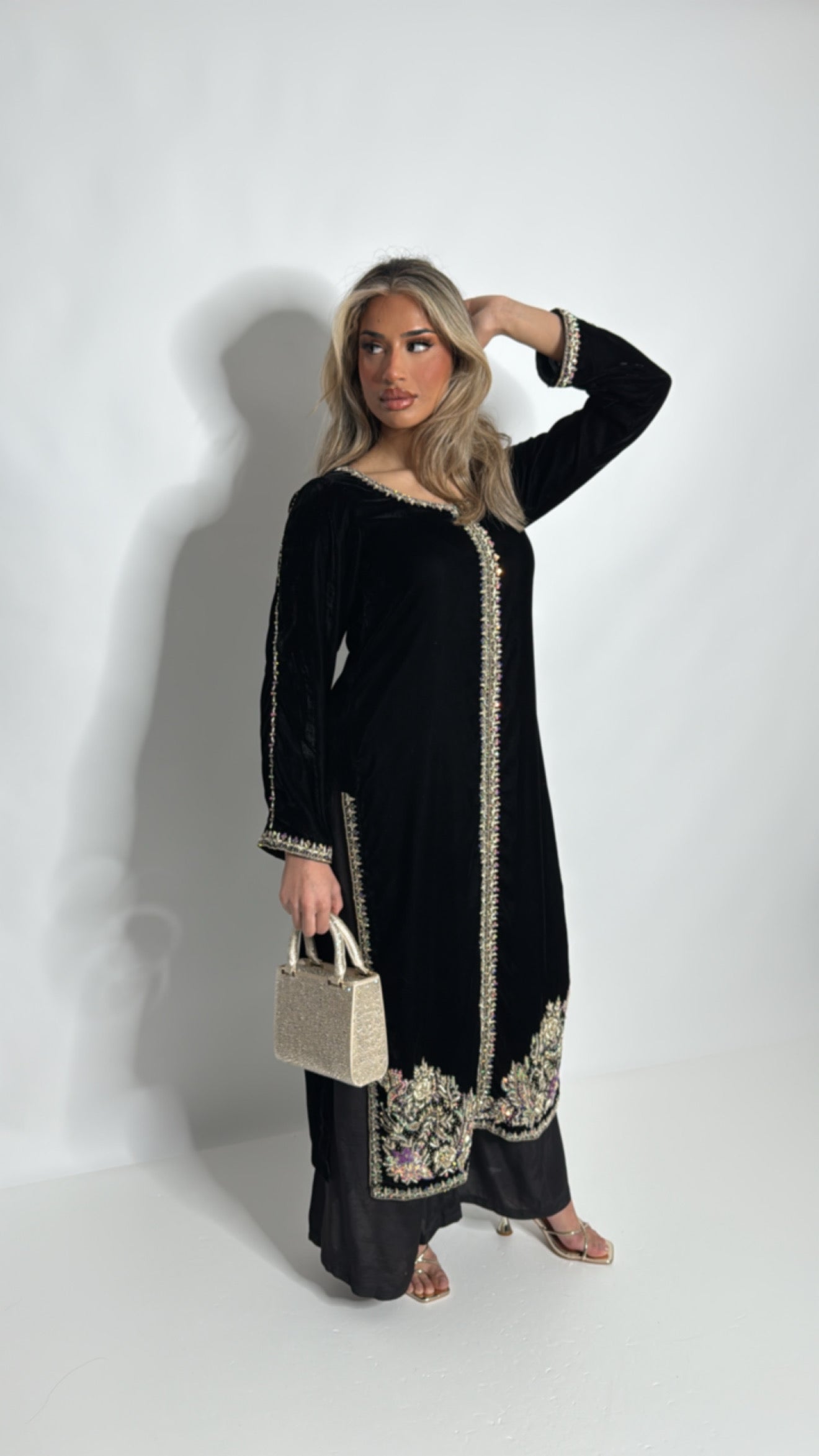 Black Velvet Embroidered Three Piece Suit UK | Midnight Zareen
