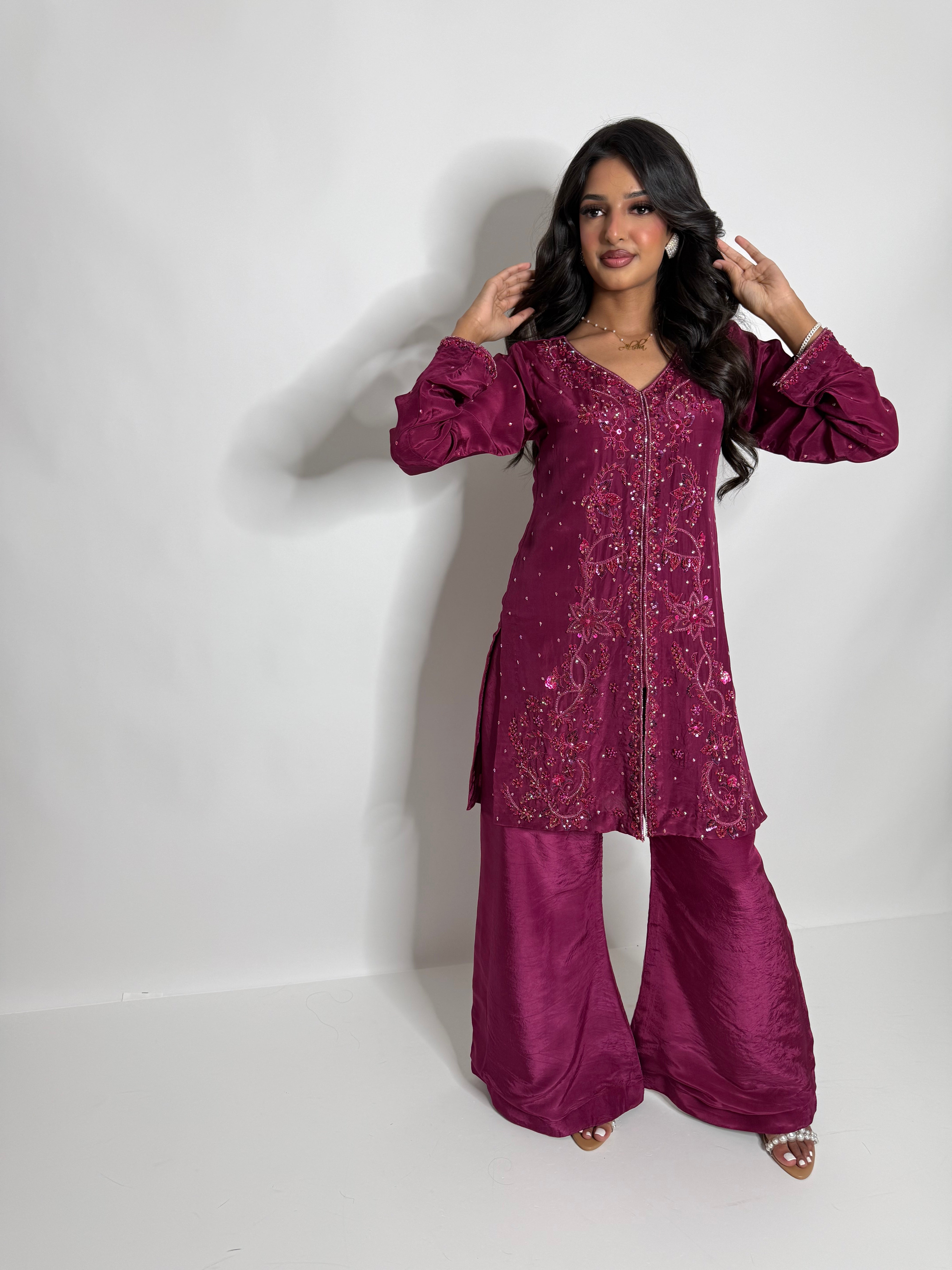Mahveen | Luxury Pakistani Magenta Silk Sharara Suit UK | Hand Embroidered Wedding Guest & Eid Occasion Wear