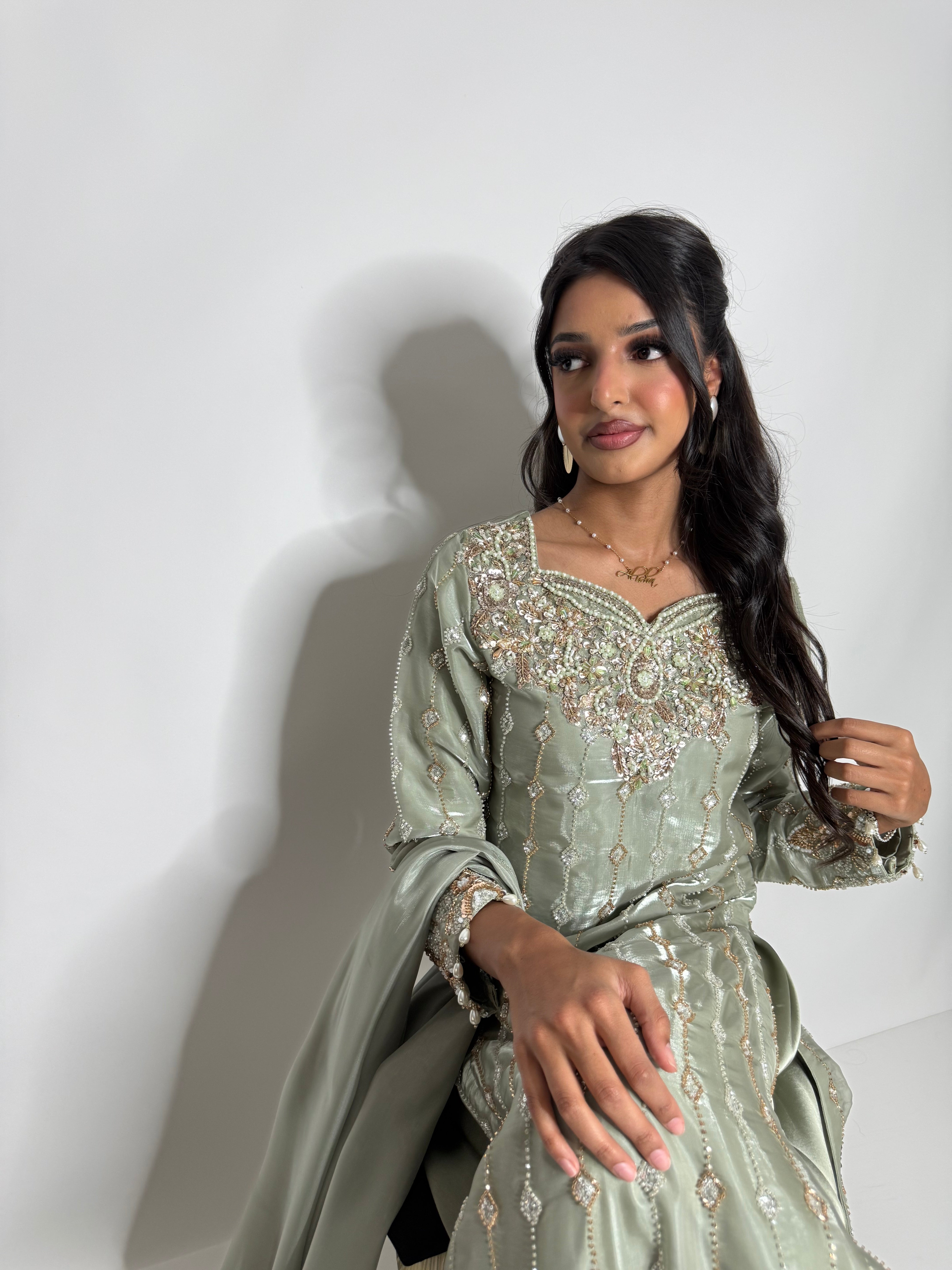 MAHZABIN | Sage Silk Sharara with Cutdana Embroidery