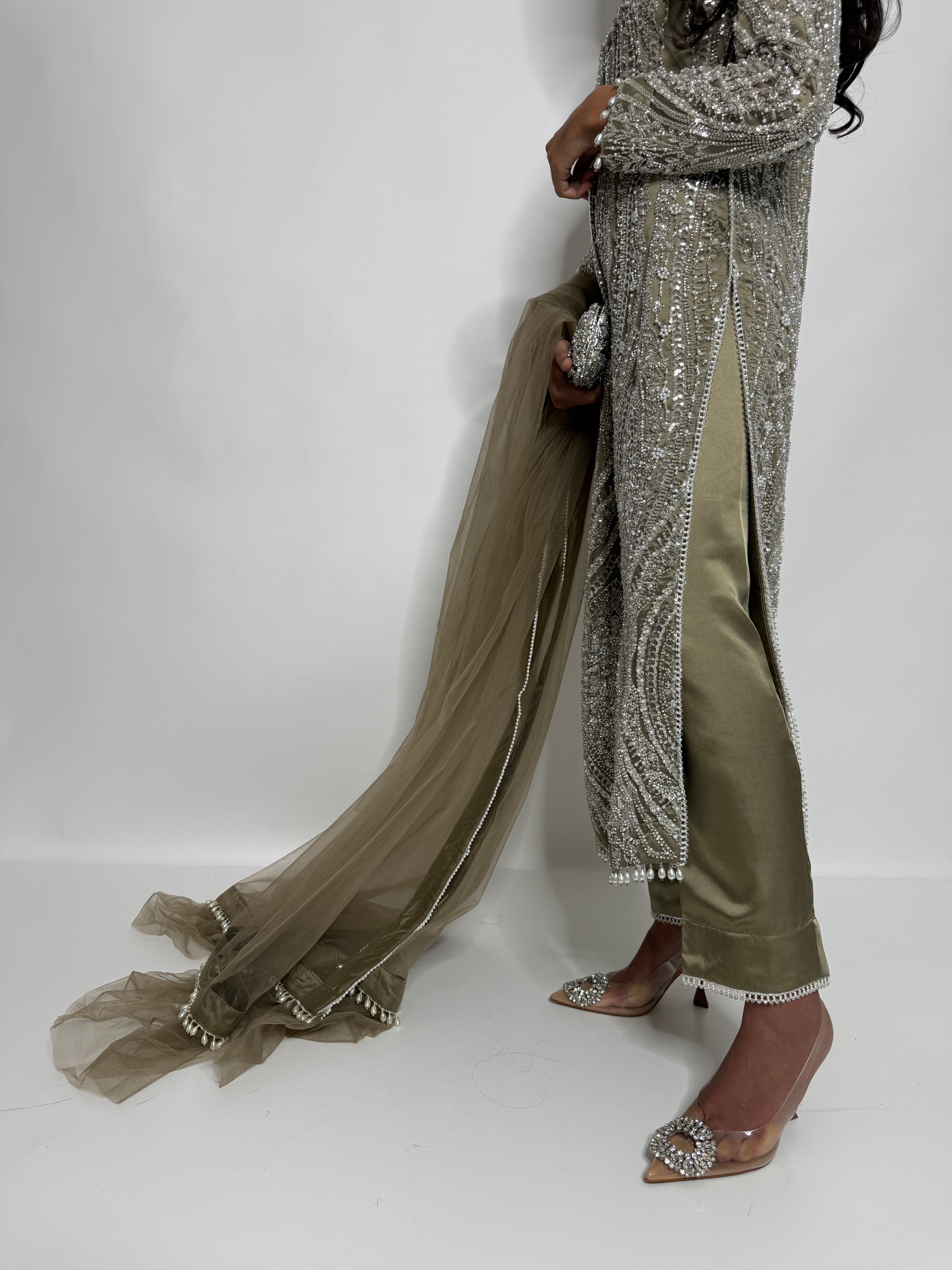 Olive Cutdana Embroidered Three Piece Suit UK | The Celestielle
