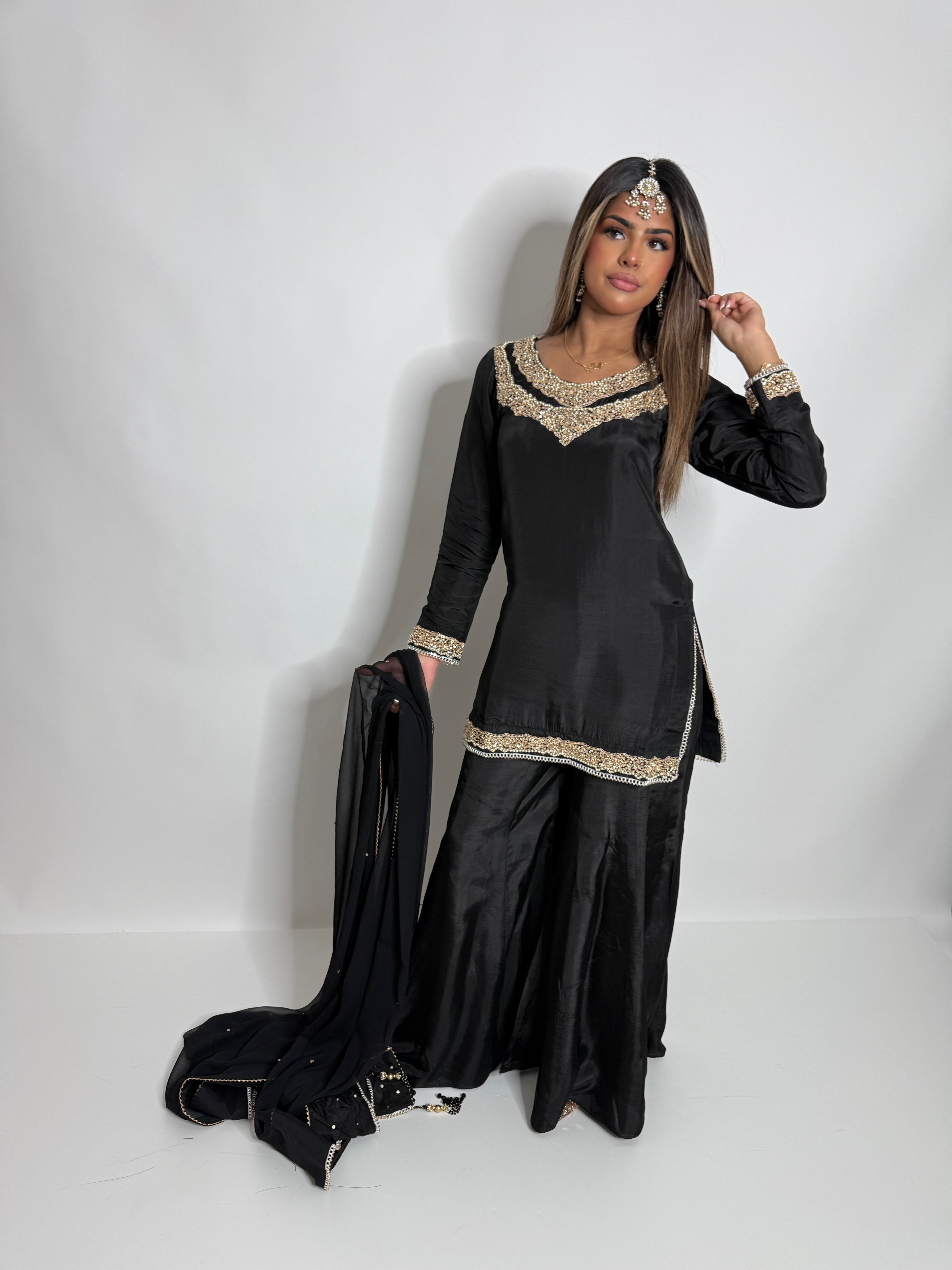 BLACK SILK SHARARA SUIT UK | THE KAIA NOIRE
