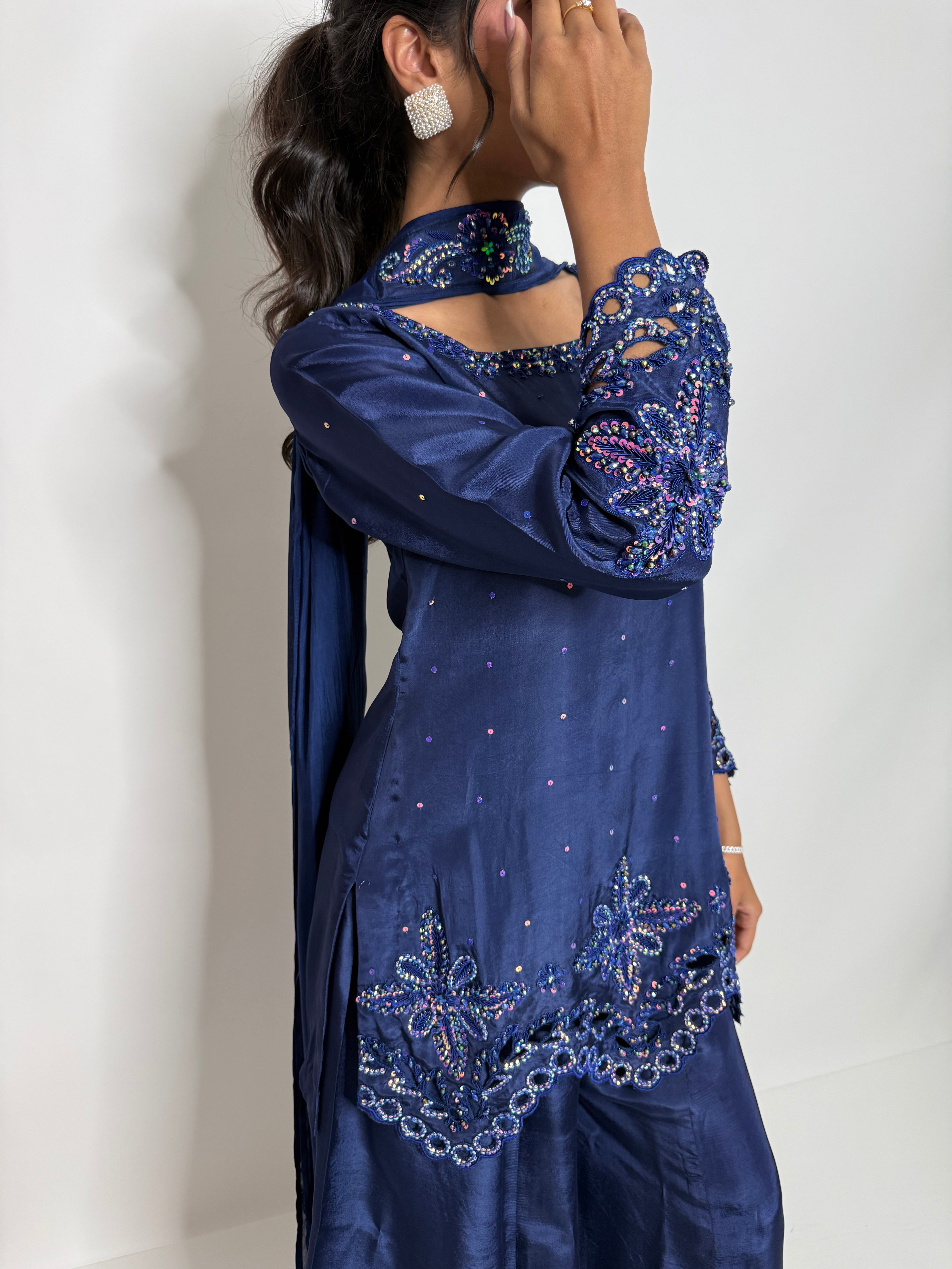 ZARMINA | Luxury Pakistani Navy Silk Sharara Suit UK | Wedding Guest, Eid & Formal Occasion Wear