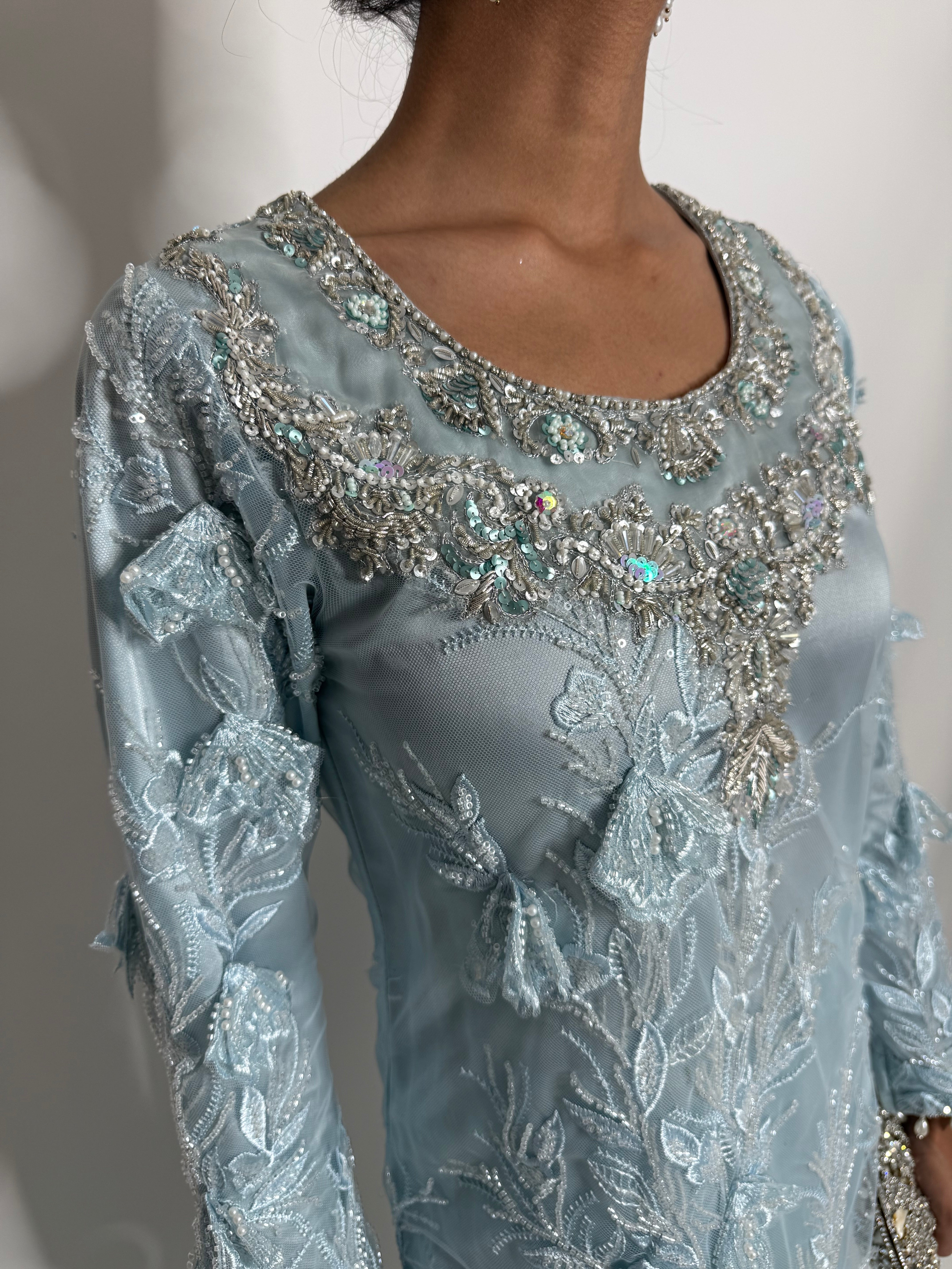 Azurielle | Luxury Pakistani Ice Blue Silk Sharara Suit UK | Wedding Guest & Eid Occasion Wear