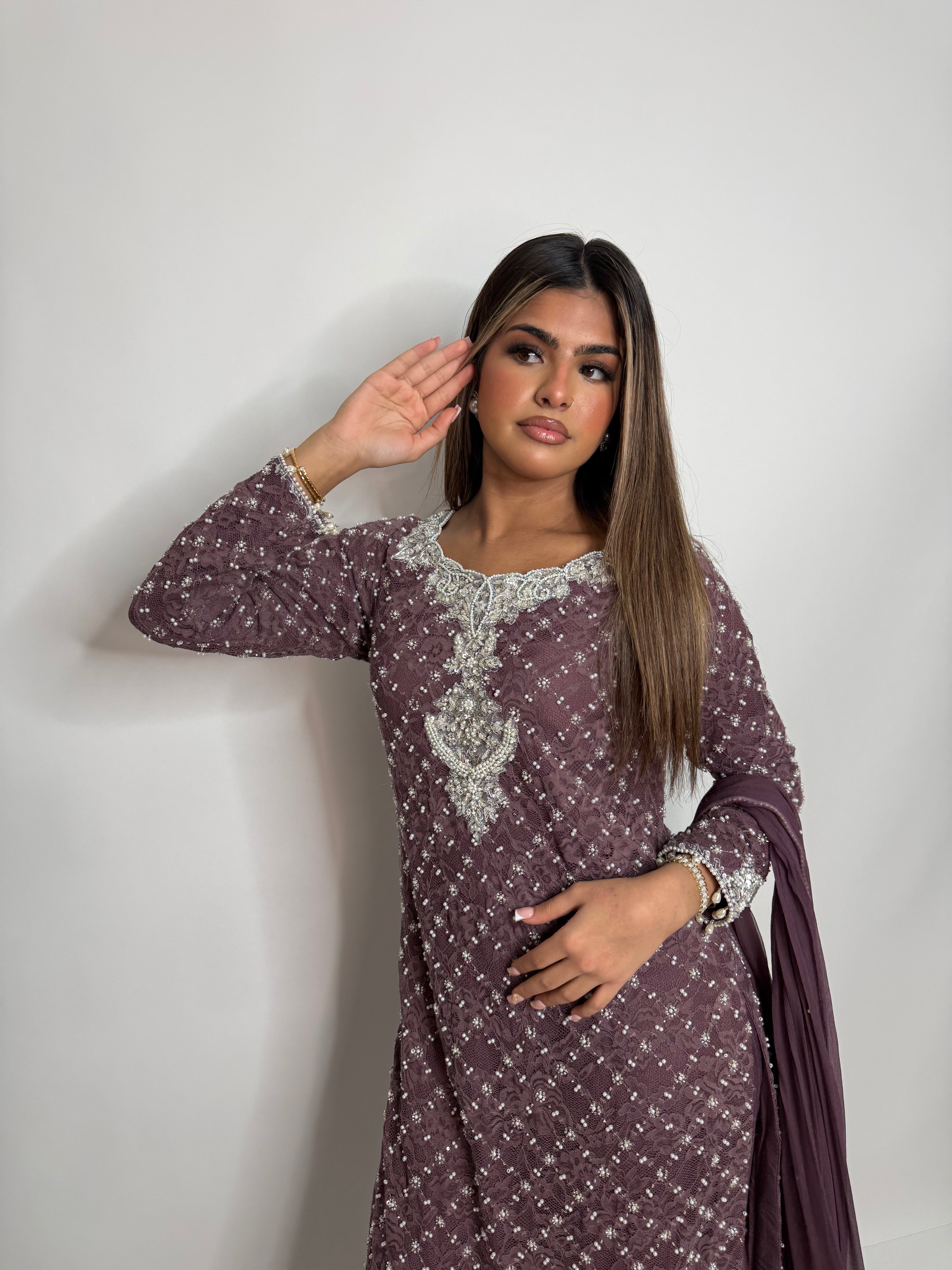 Lilac Pearl Crochet Three Piece Suit UK | The Mireya