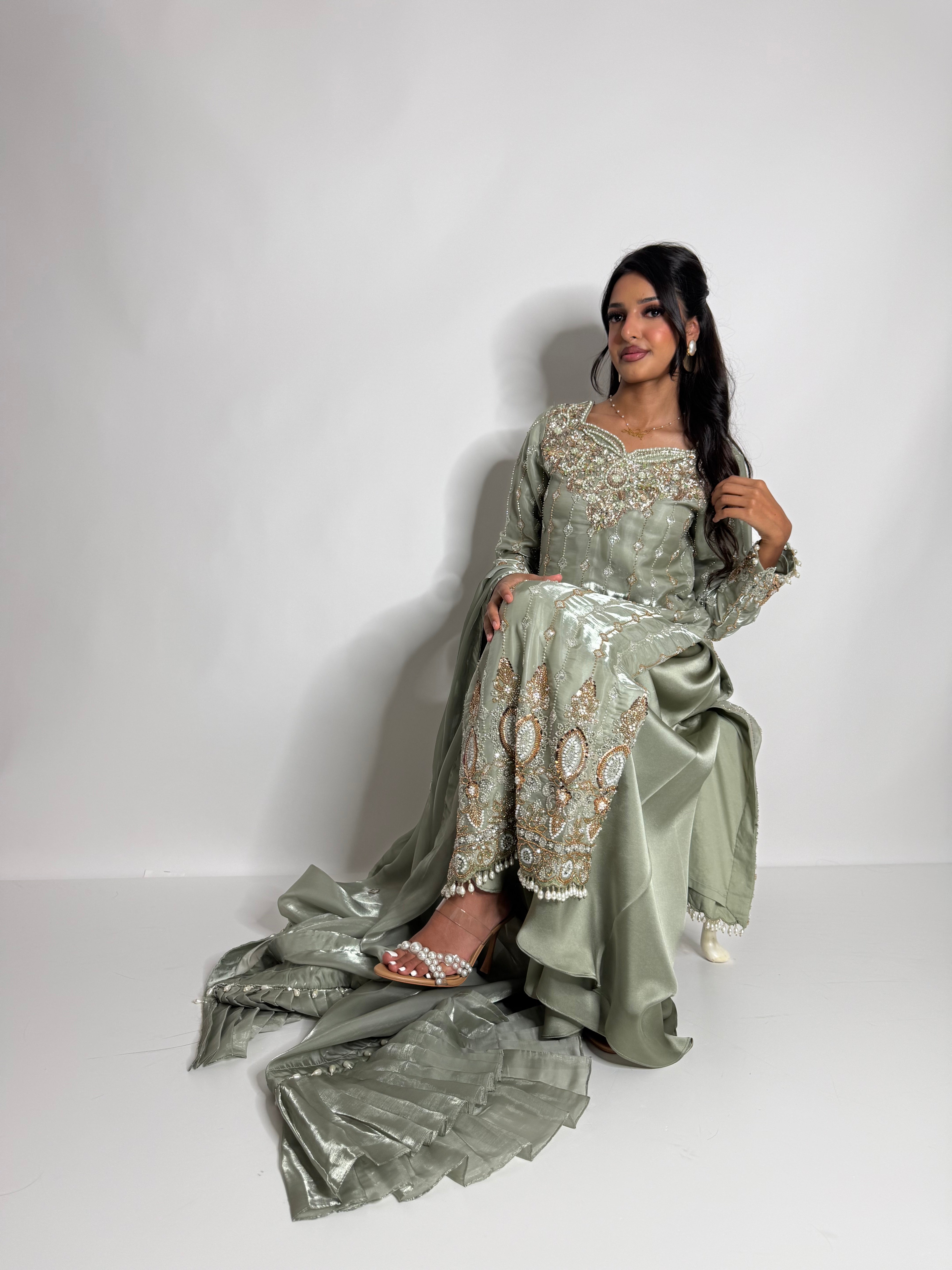 MAHZABIN | Sage Silk Sharara with Cutdana Embroidery