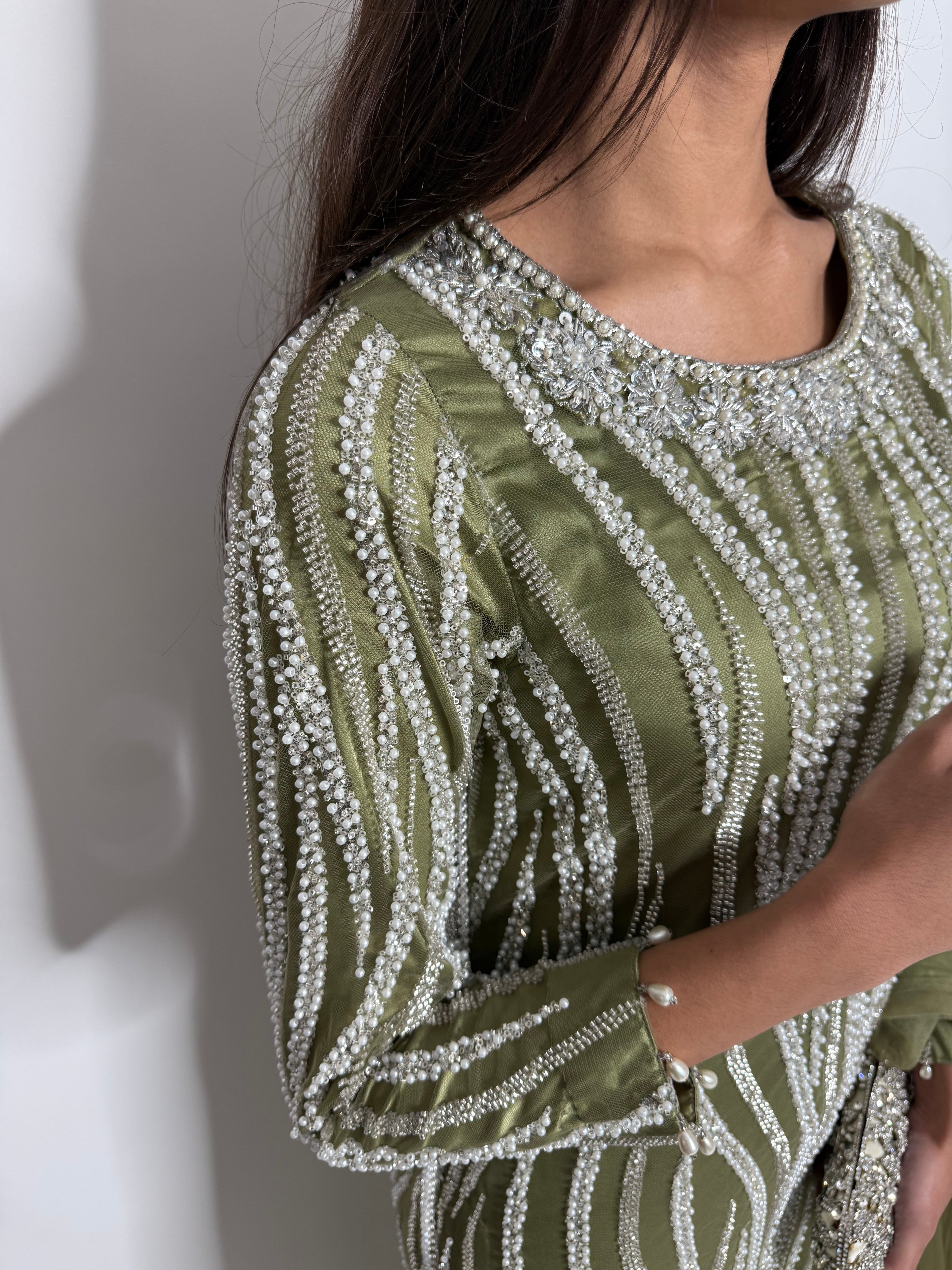Olive Green Cutdana Sharara Three Piece Suit UK | The Mirabelle