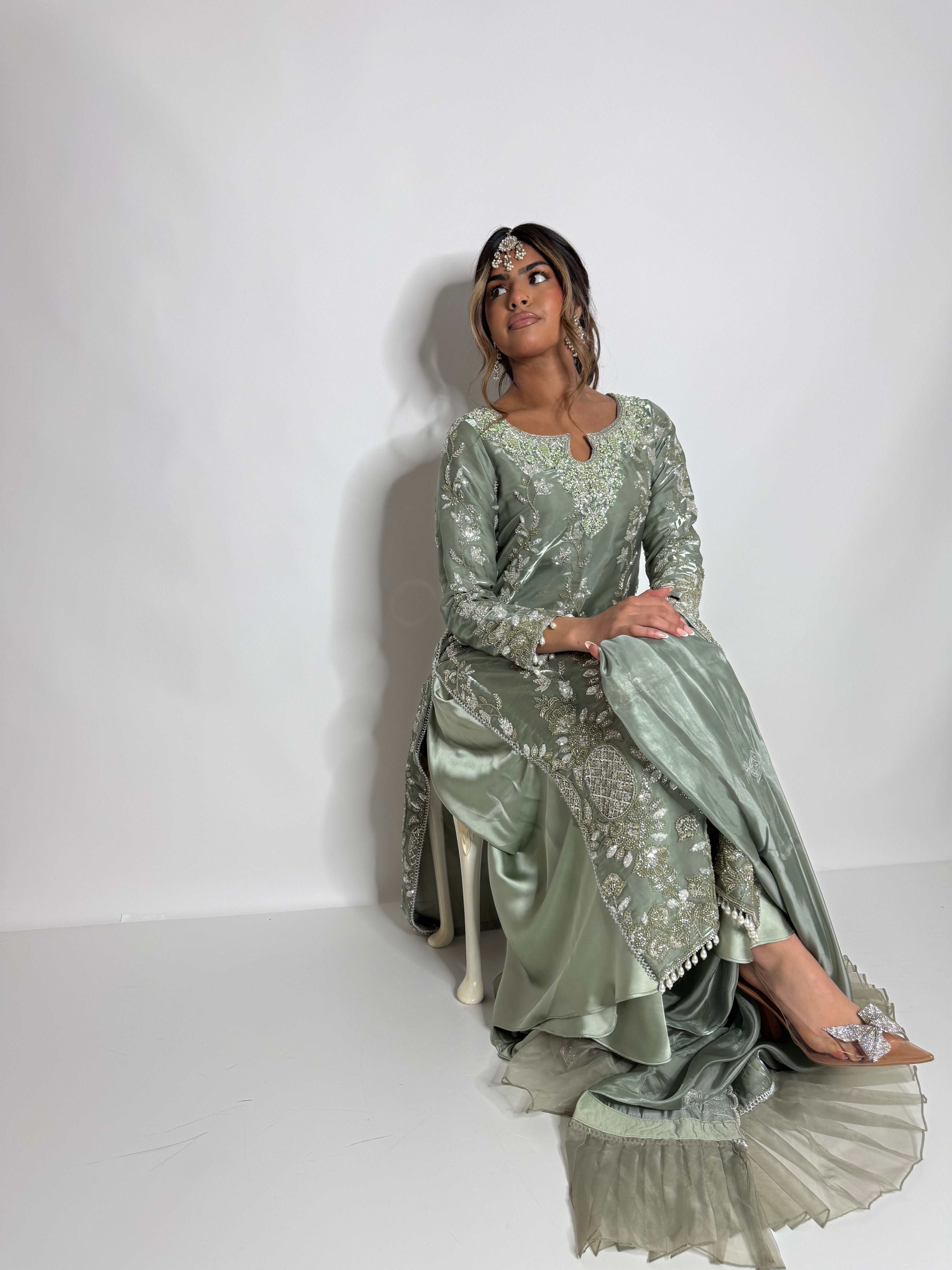 SAGE SILK EMBROIDERED THREE PIECE SUIT UK | THE ELYSIA VERDELLE