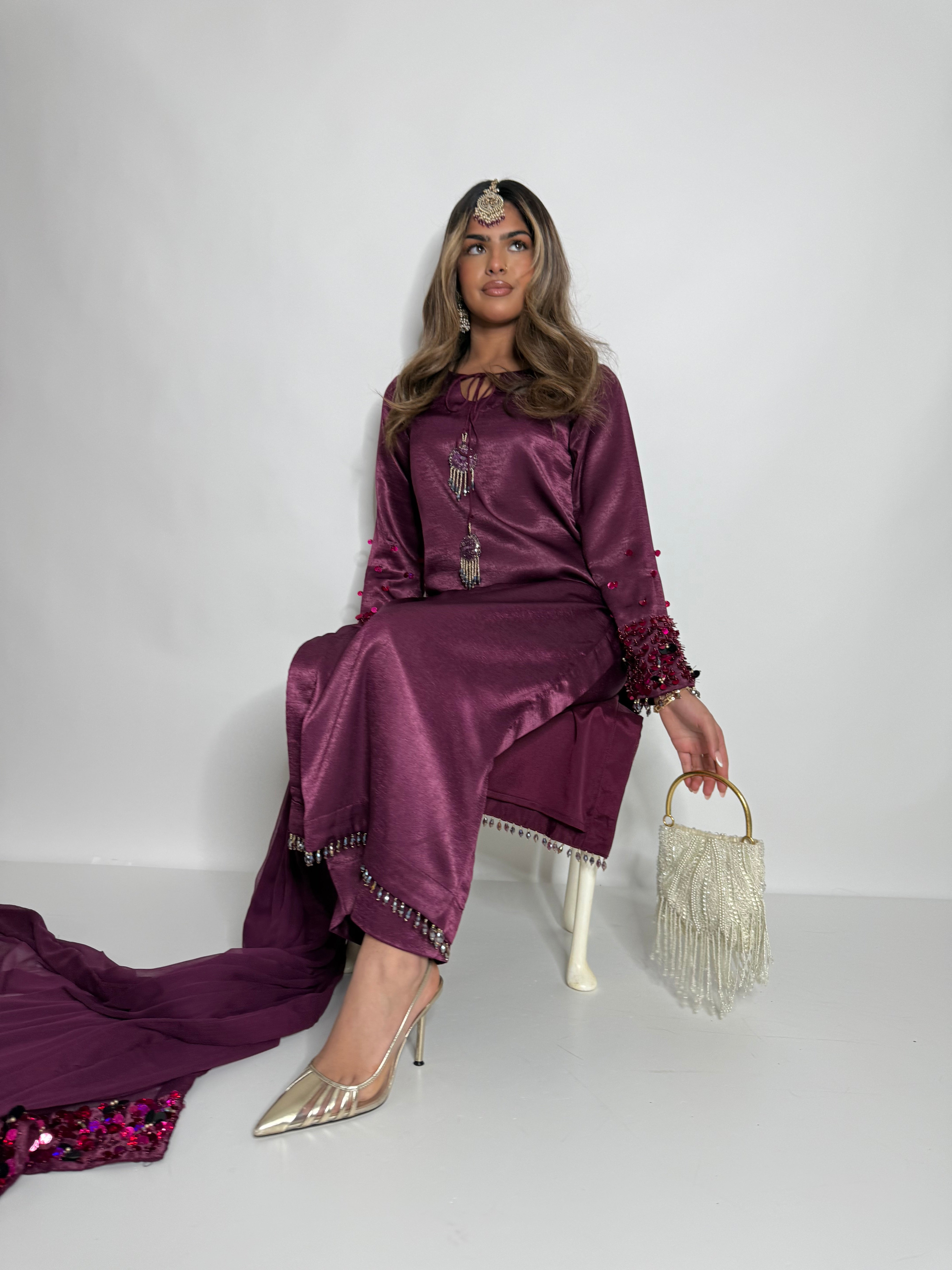 PLUM SILK THREE PIECE SUIT UK | THE MAHIRA VÉLOUR