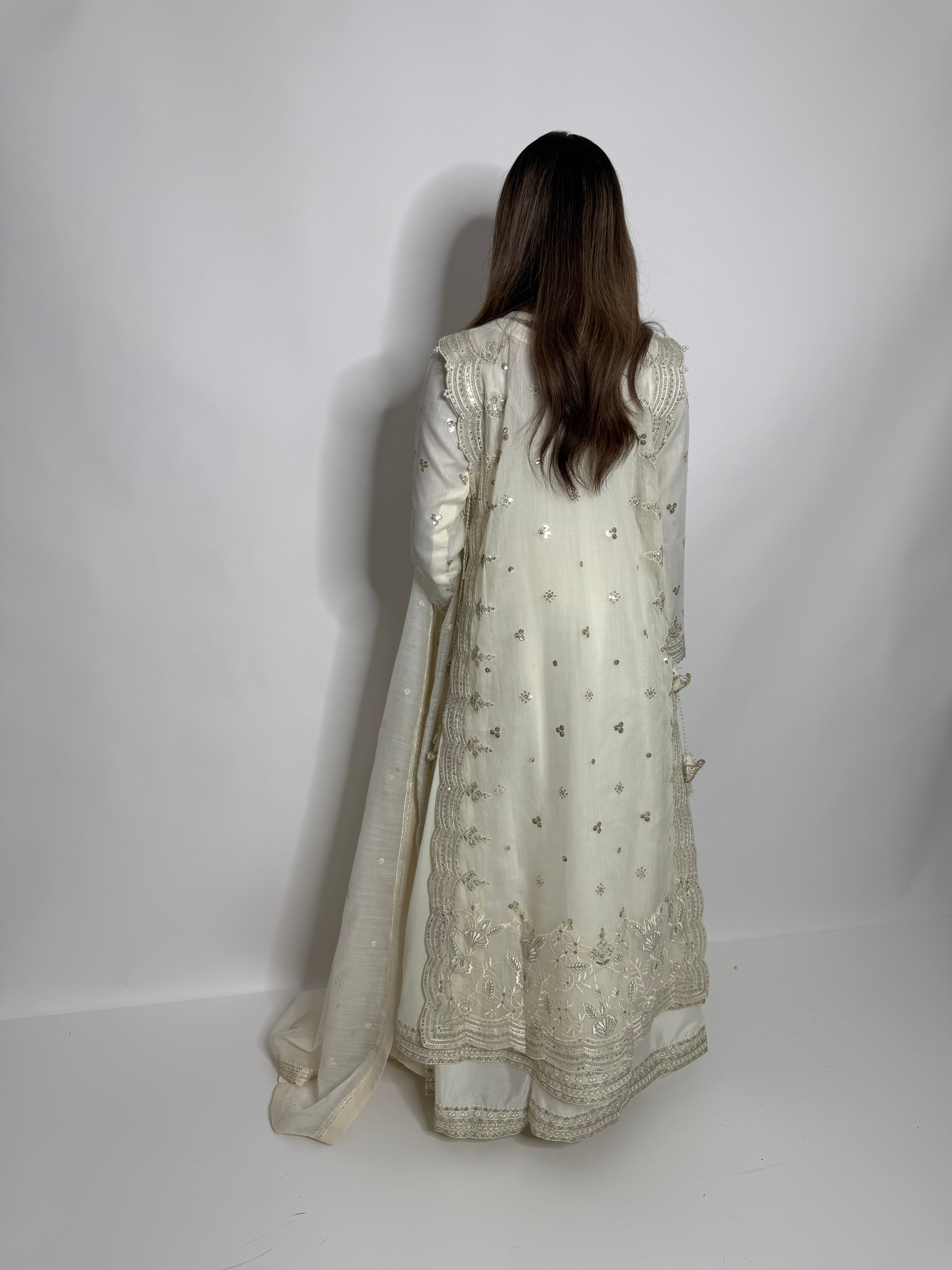 IVORY KHADI NET EMBROIDERED THREE PIECE SUIT UK | THE LYSANDRA