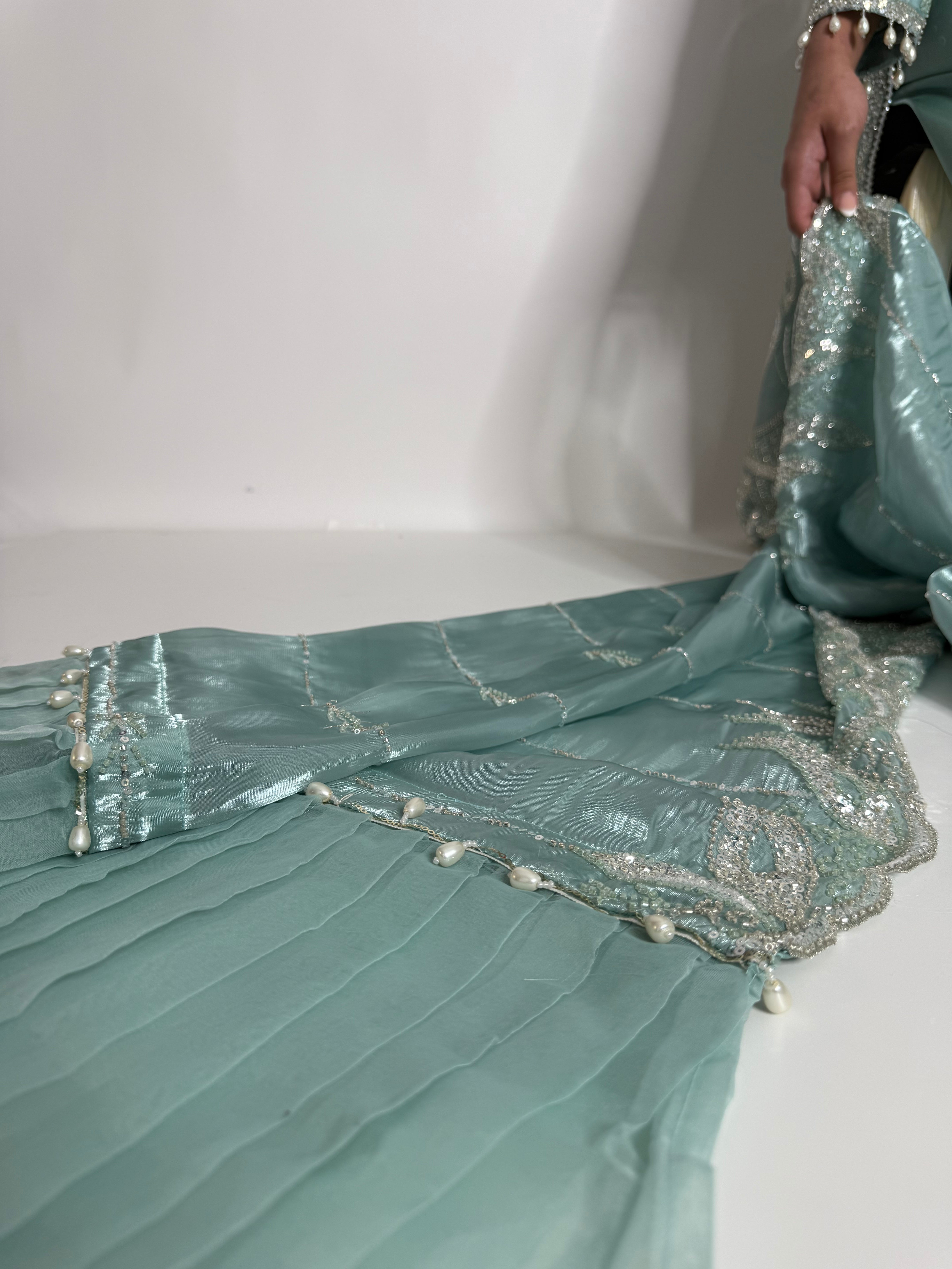 MINT SILK CUTDANA EMBROIDERED SHARARA SUIT UK | THE KAIA MIRETH