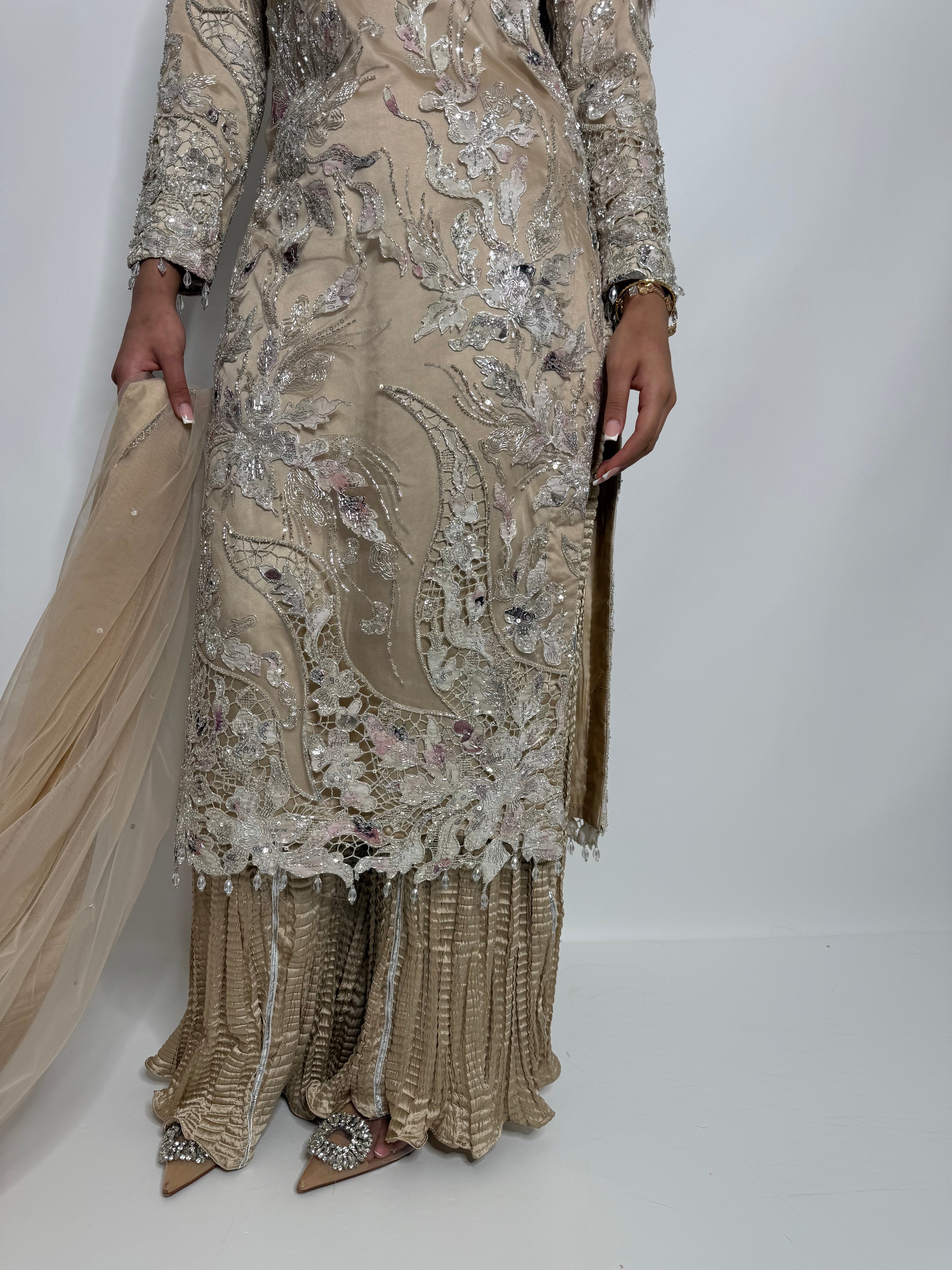 Zarqash | Luxury Pakistani Champagne Cutdana Sharara Suit UK | Wedding Guest, Nikkah & Eid Occasion Wear