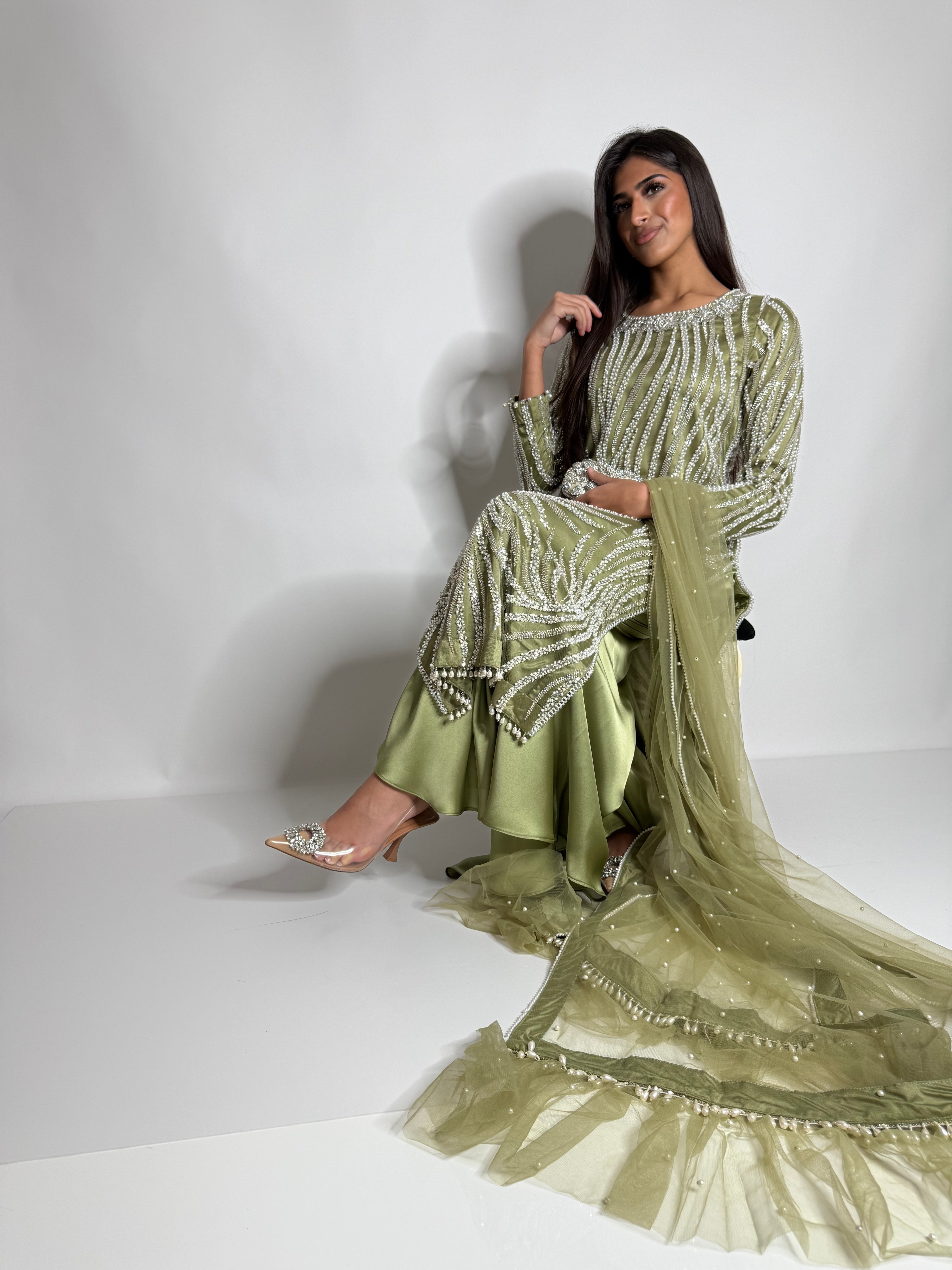 Olive Green Cutdana Sharara Three Piece Suit UK | The Mirabelle