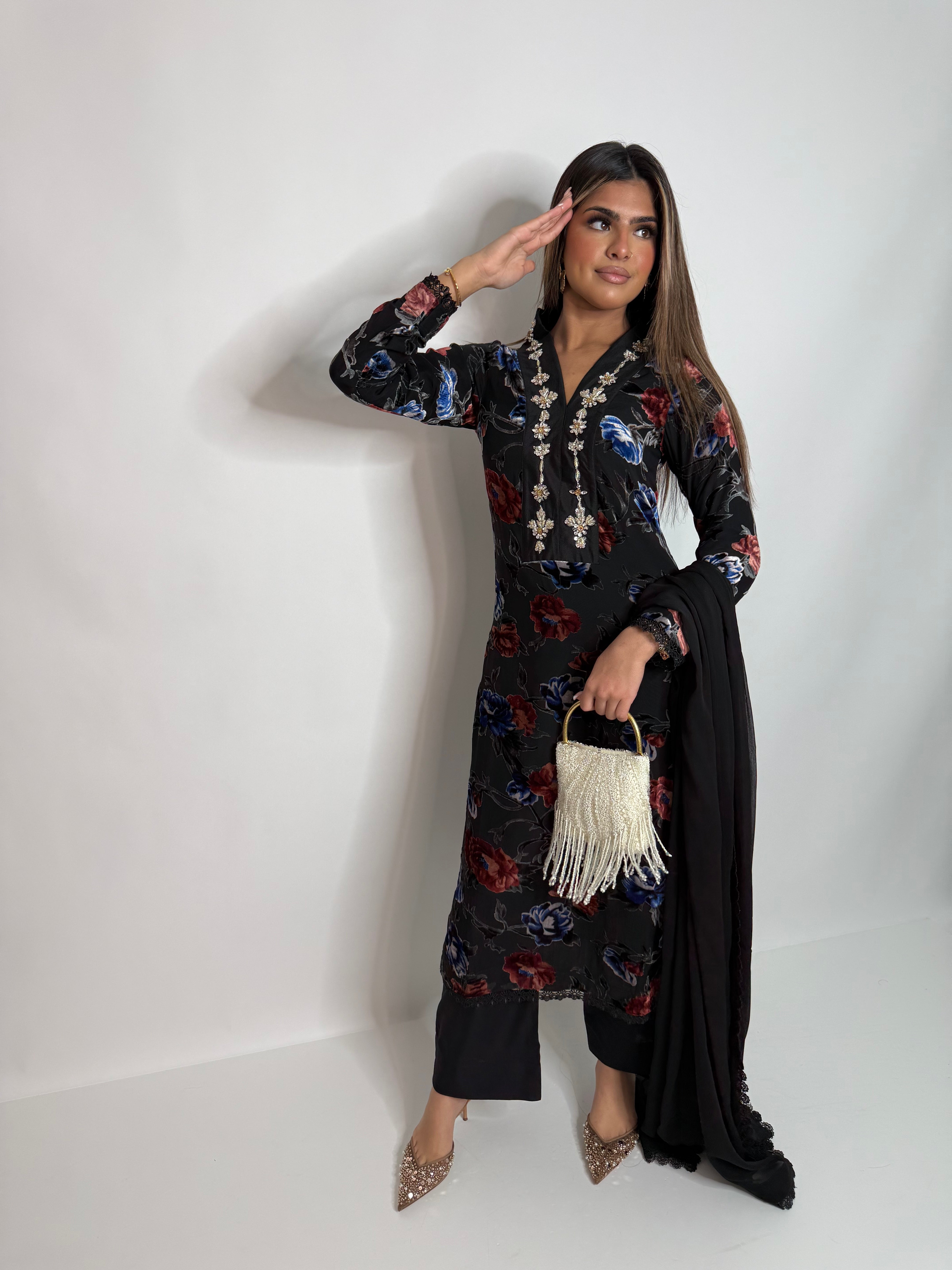 Black Floral Palachi Three Piece Suit UK | The Calvienne
