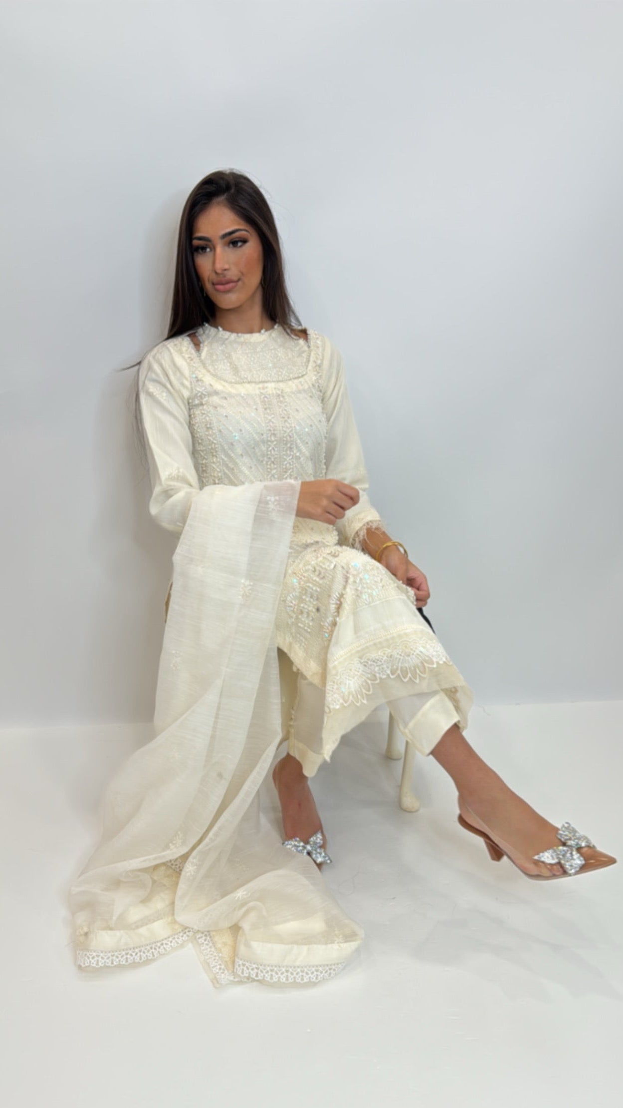 Elara Ivory | Embroidered Feather Cuff Kameez Set (3 Piece)