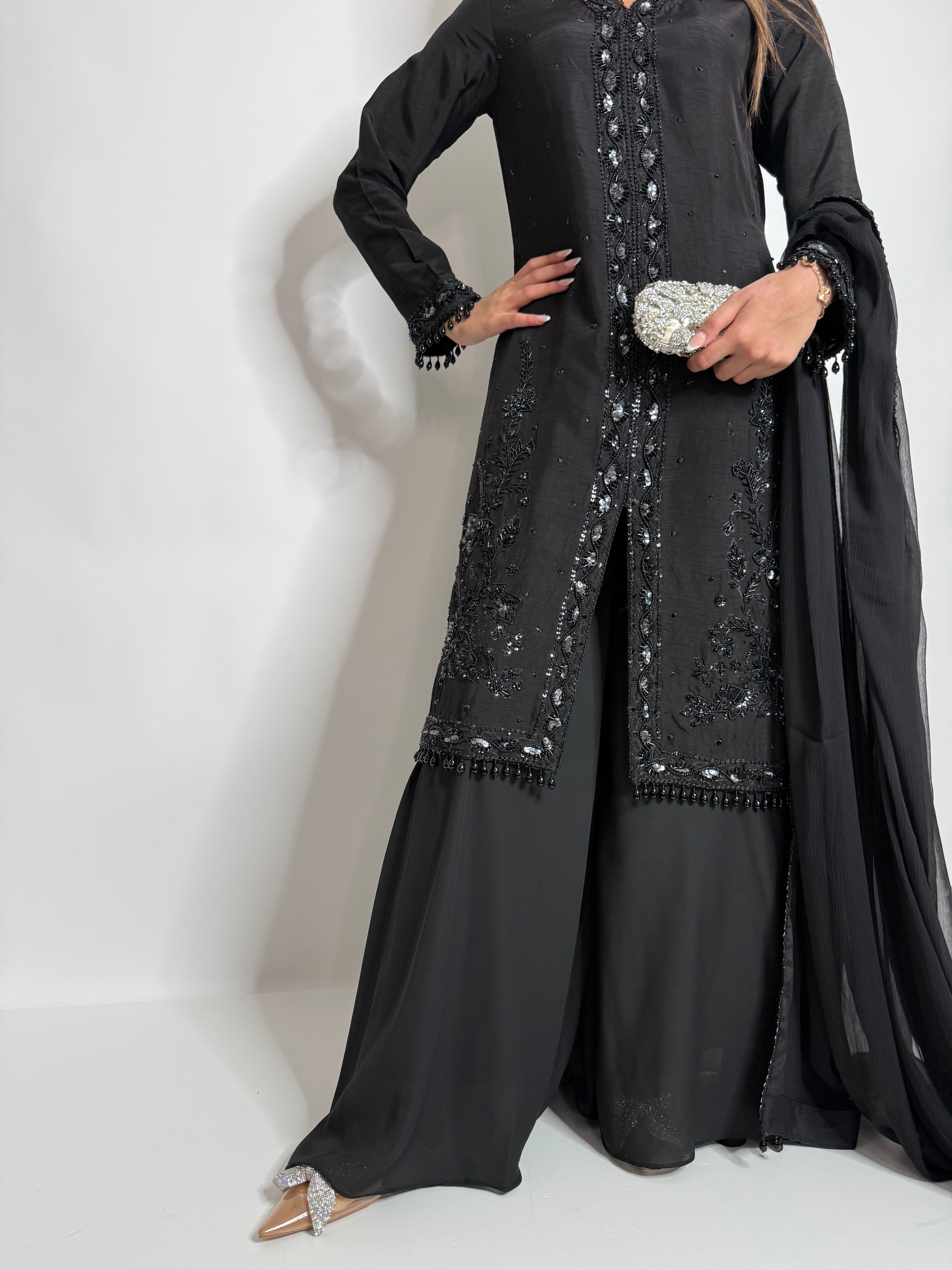 BLACK EMBELLISHED CHIFFON SHARARA THREE PIECE SUIT UK | THE NOIRÉLLE