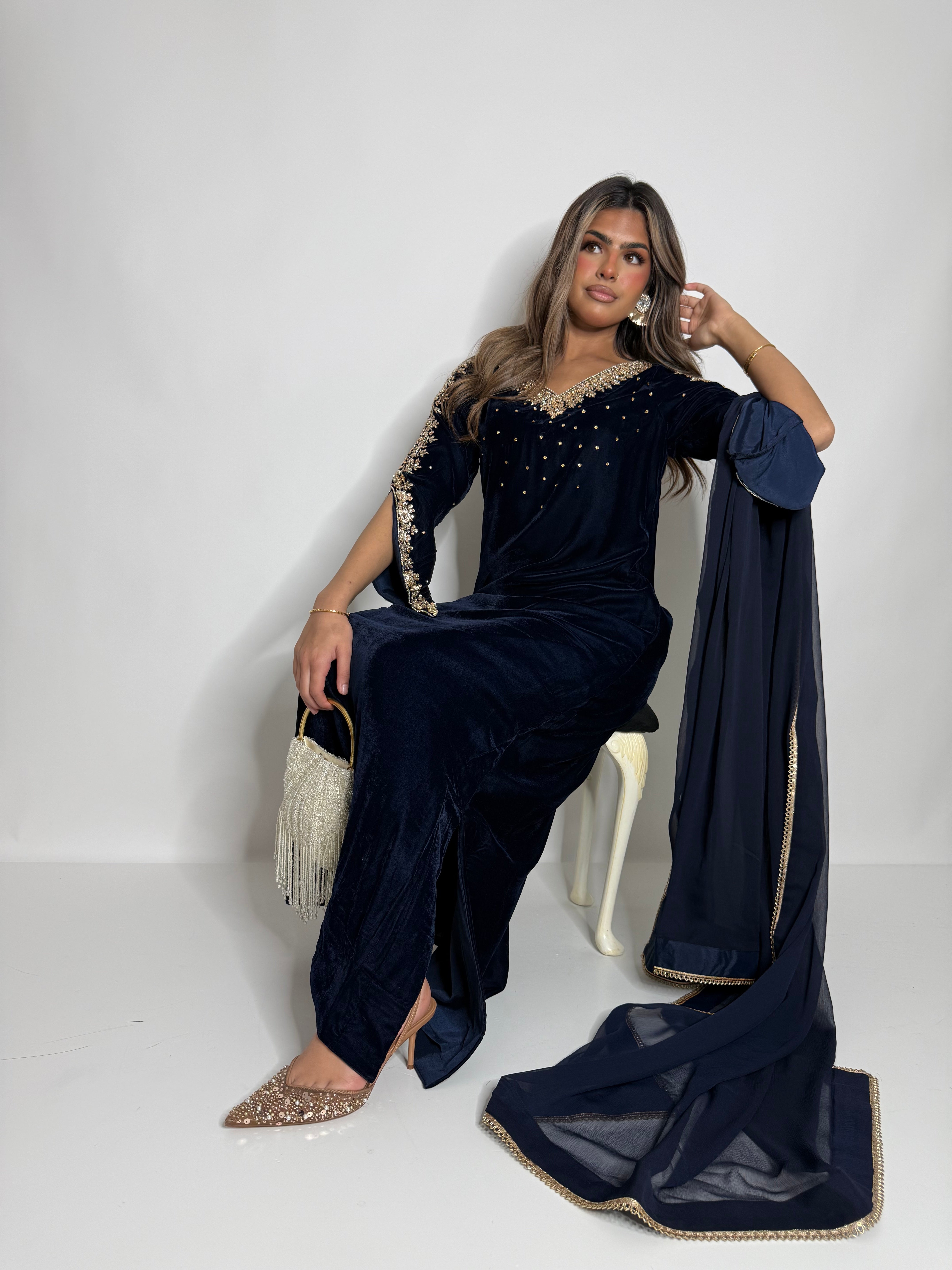 Midnight Navy Velvet Kaftan Three Piece Suit UK | The Évariste