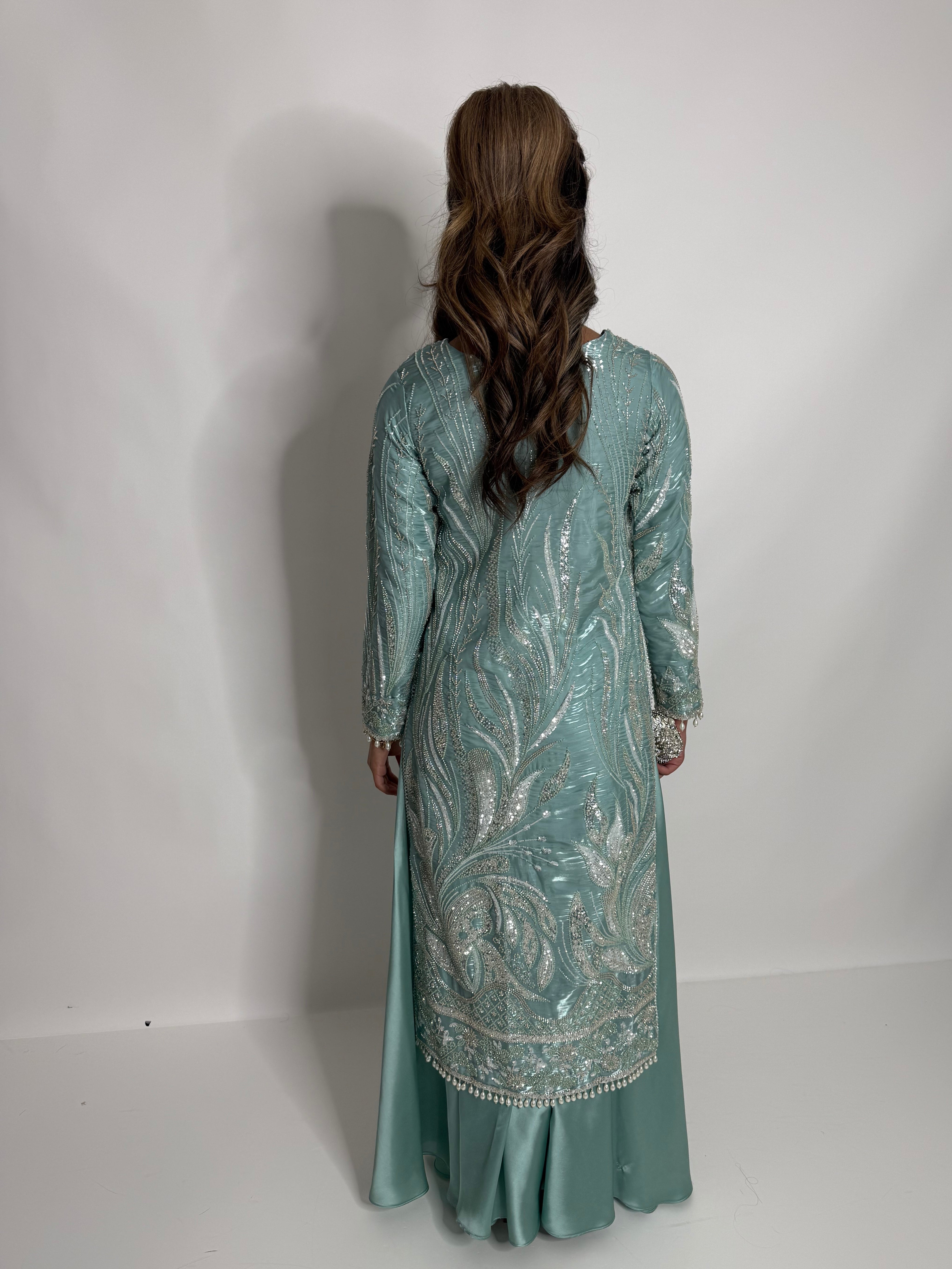 MINT SILK CUTDANA EMBROIDERED SHARARA SUIT UK | THE KAIA MIRETH