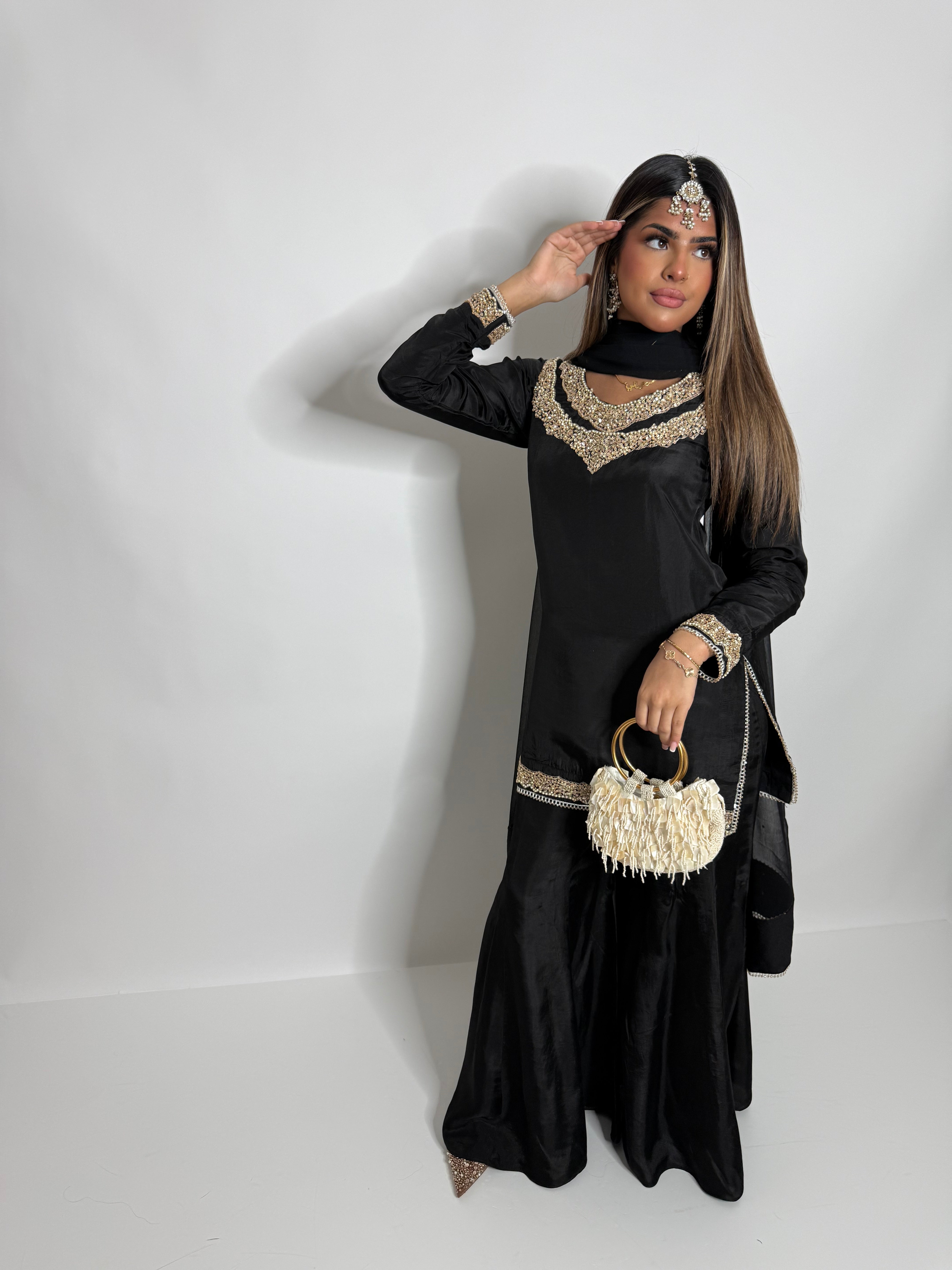 BLACK SILK SHARARA SUIT UK | THE KAIA NOIRE