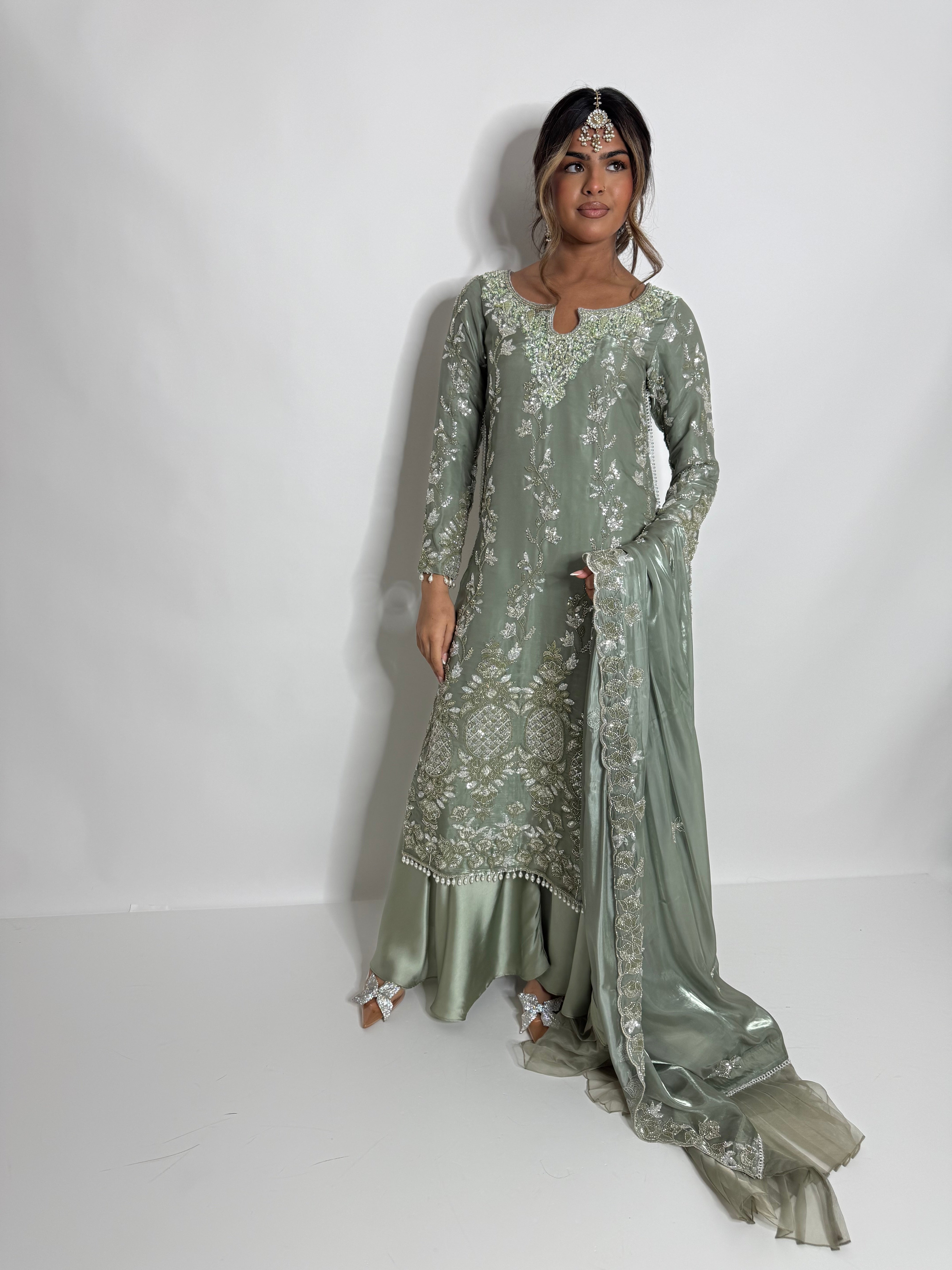 SAGE SILK EMBROIDERED THREE PIECE SUIT UK | THE ELYSIA VERDELLE